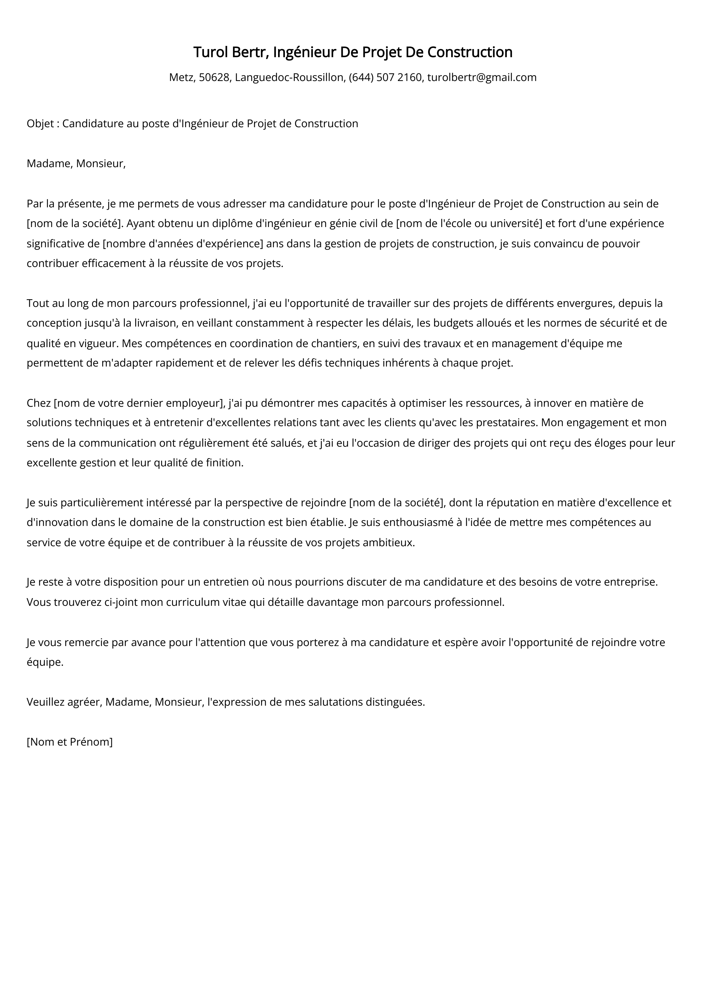 Lettre de motivation de l'ingénieur de projet de construction