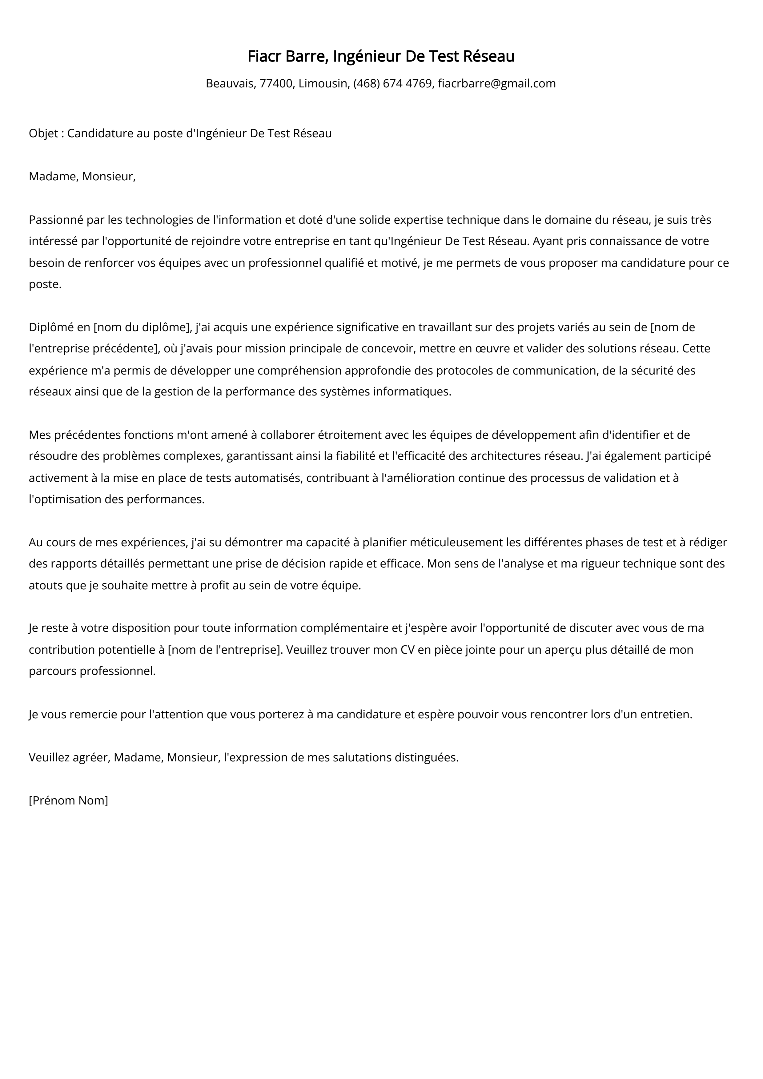 Ingénieur De Test Réseau Cover Letter Example