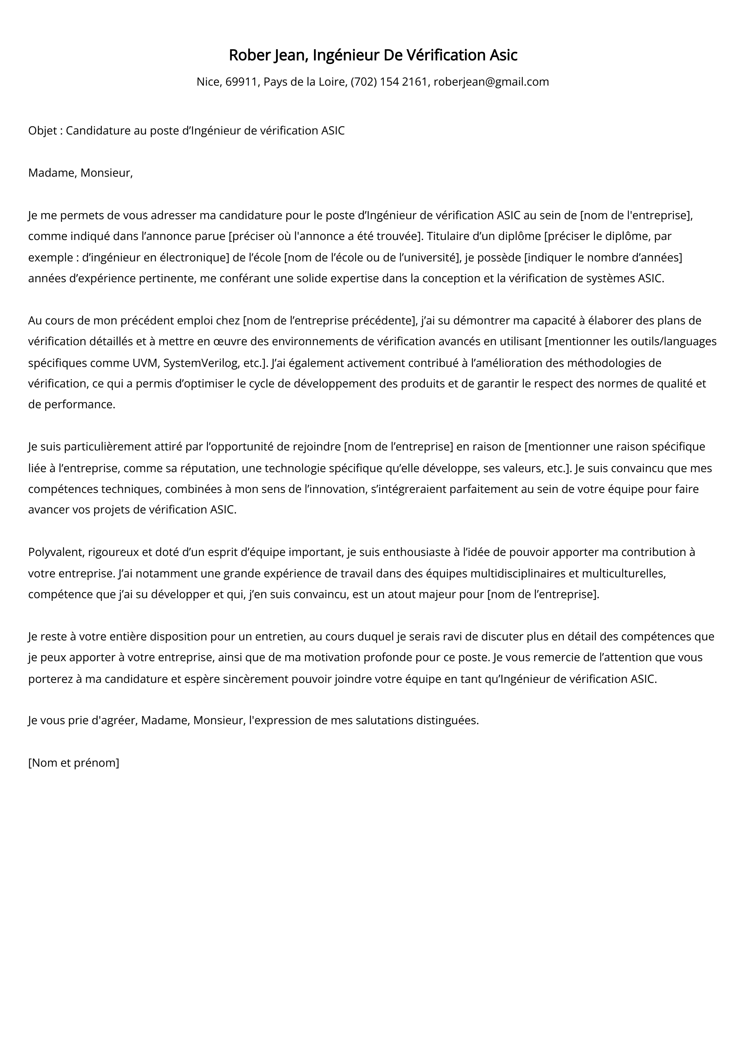 Ingénieur De Vérification Asic Cover Letter Example