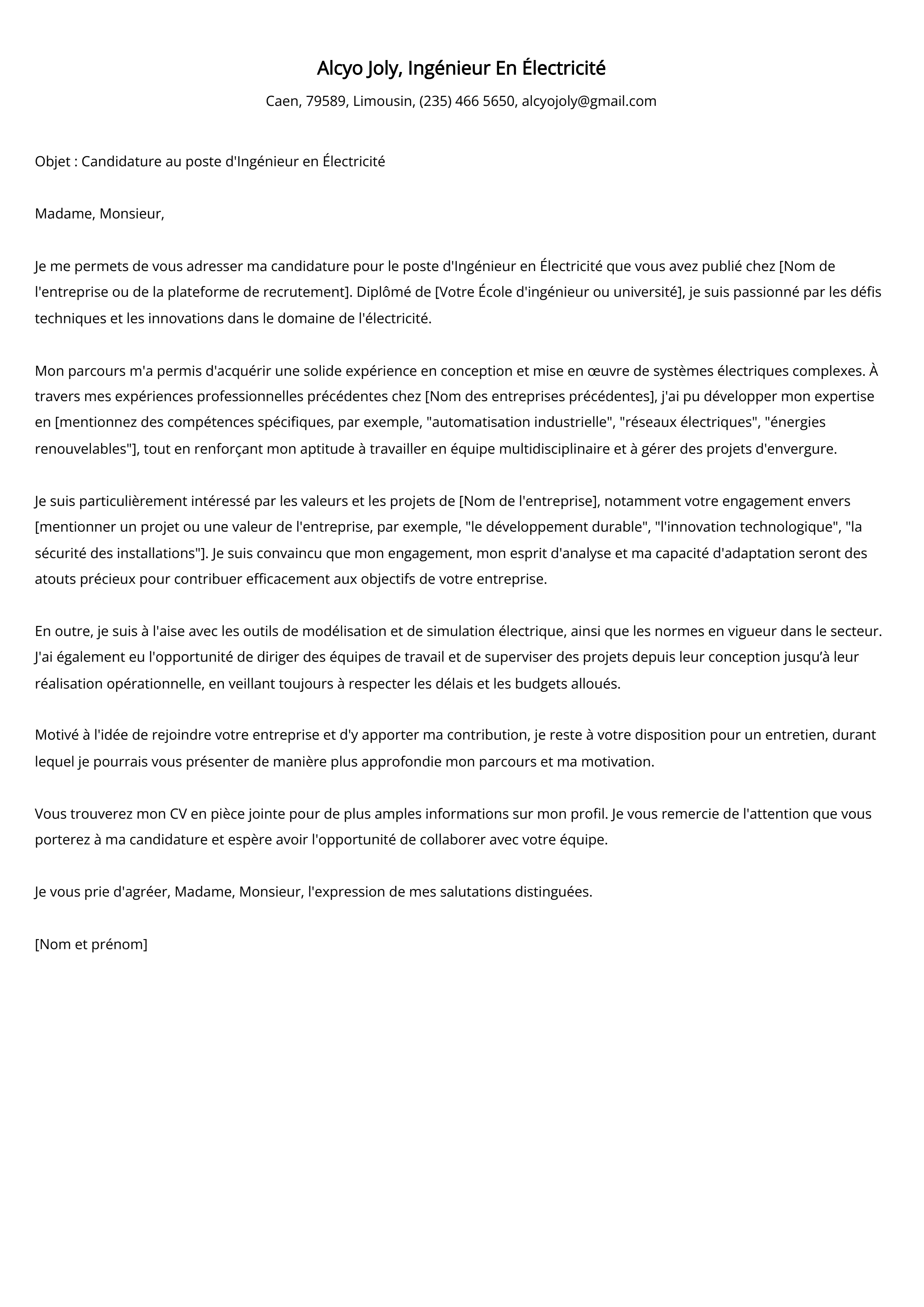 Ingénieur En Électricité Cover Letter Example