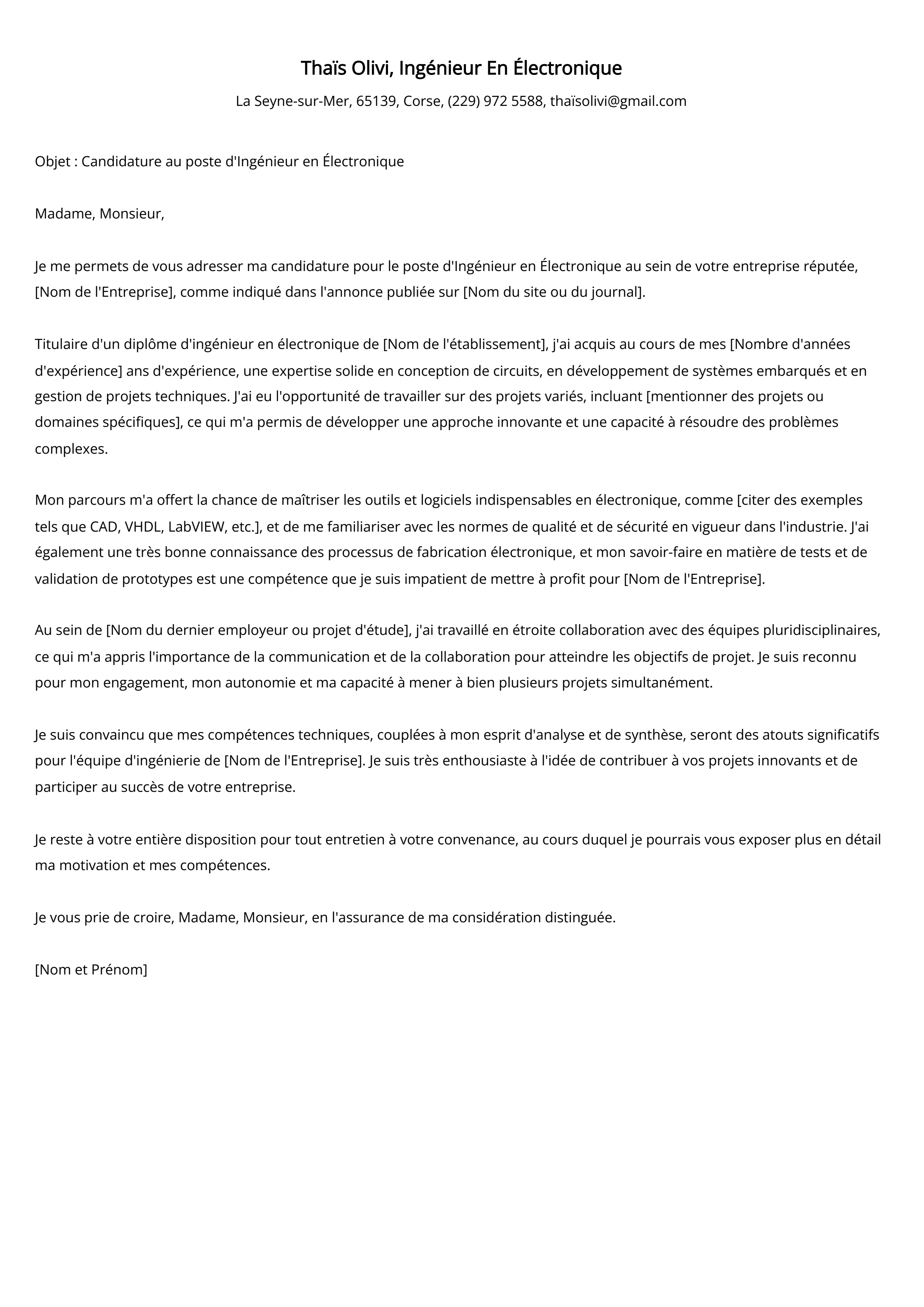 Ingénieur En Électronique Cover Letter Example