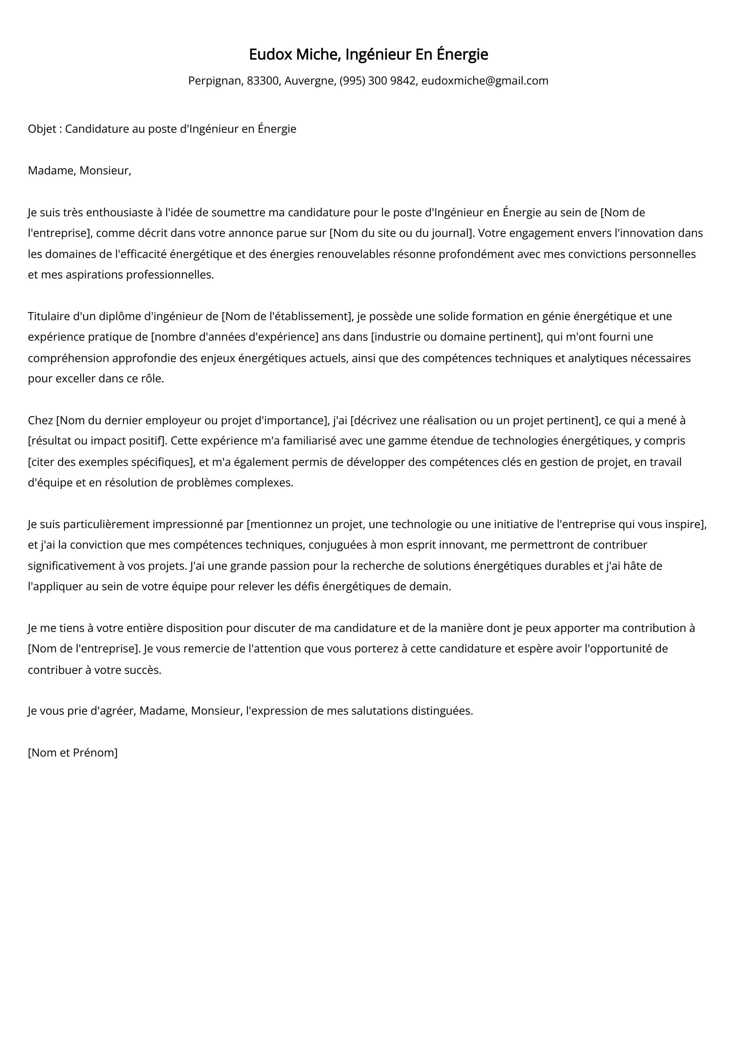 Ingénieur En Énergie Cover Letter Example