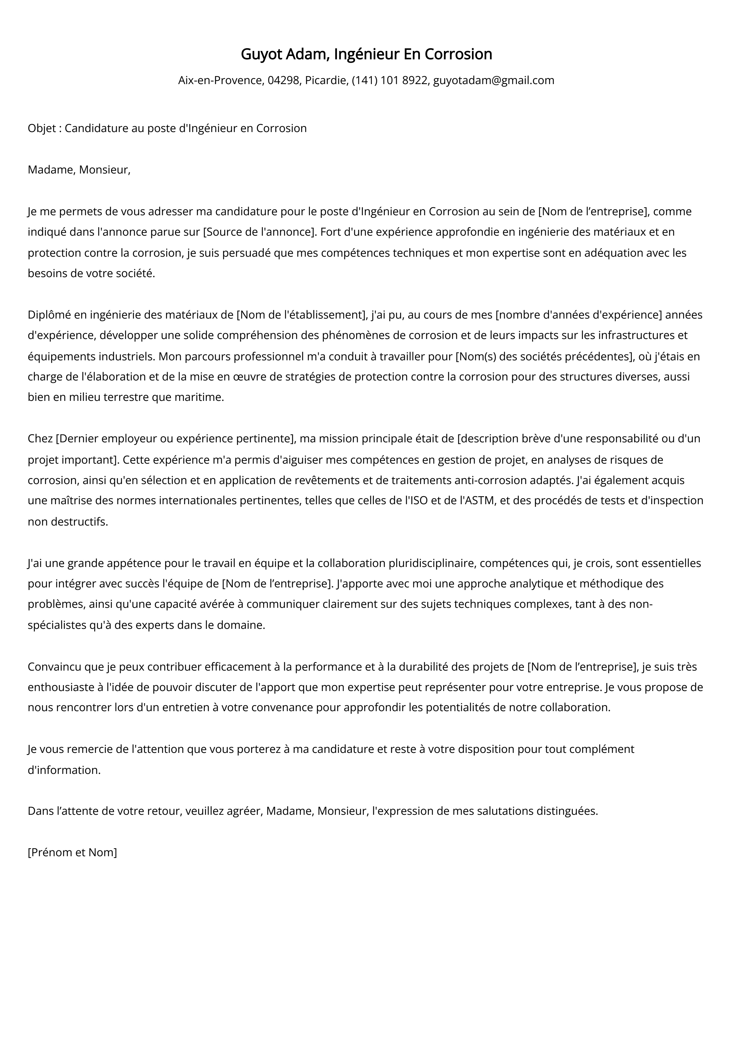 Ingénieur En Corrosion Cover Letter Example