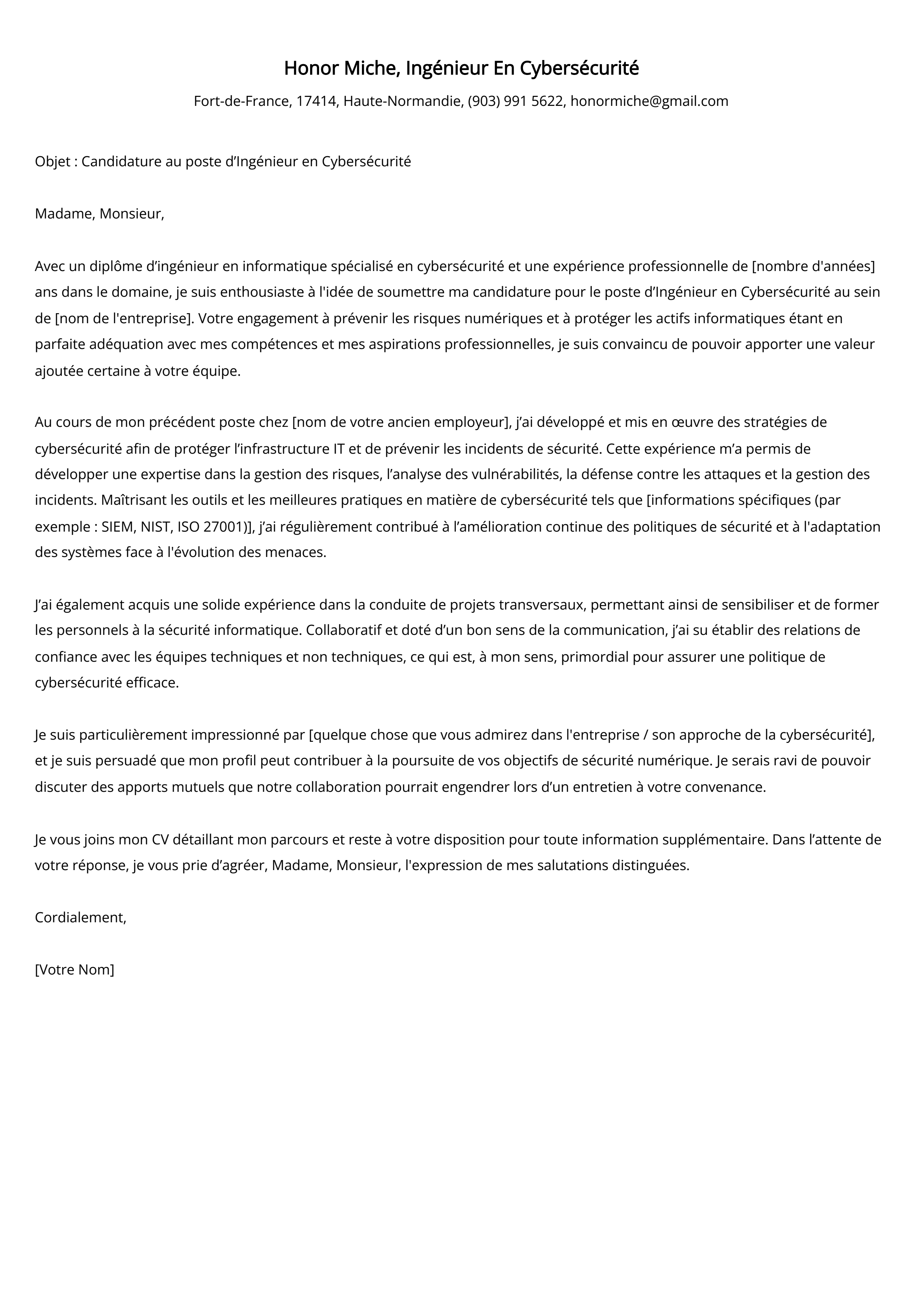 Ingénieur En Cybersécurité Cover Letter Example