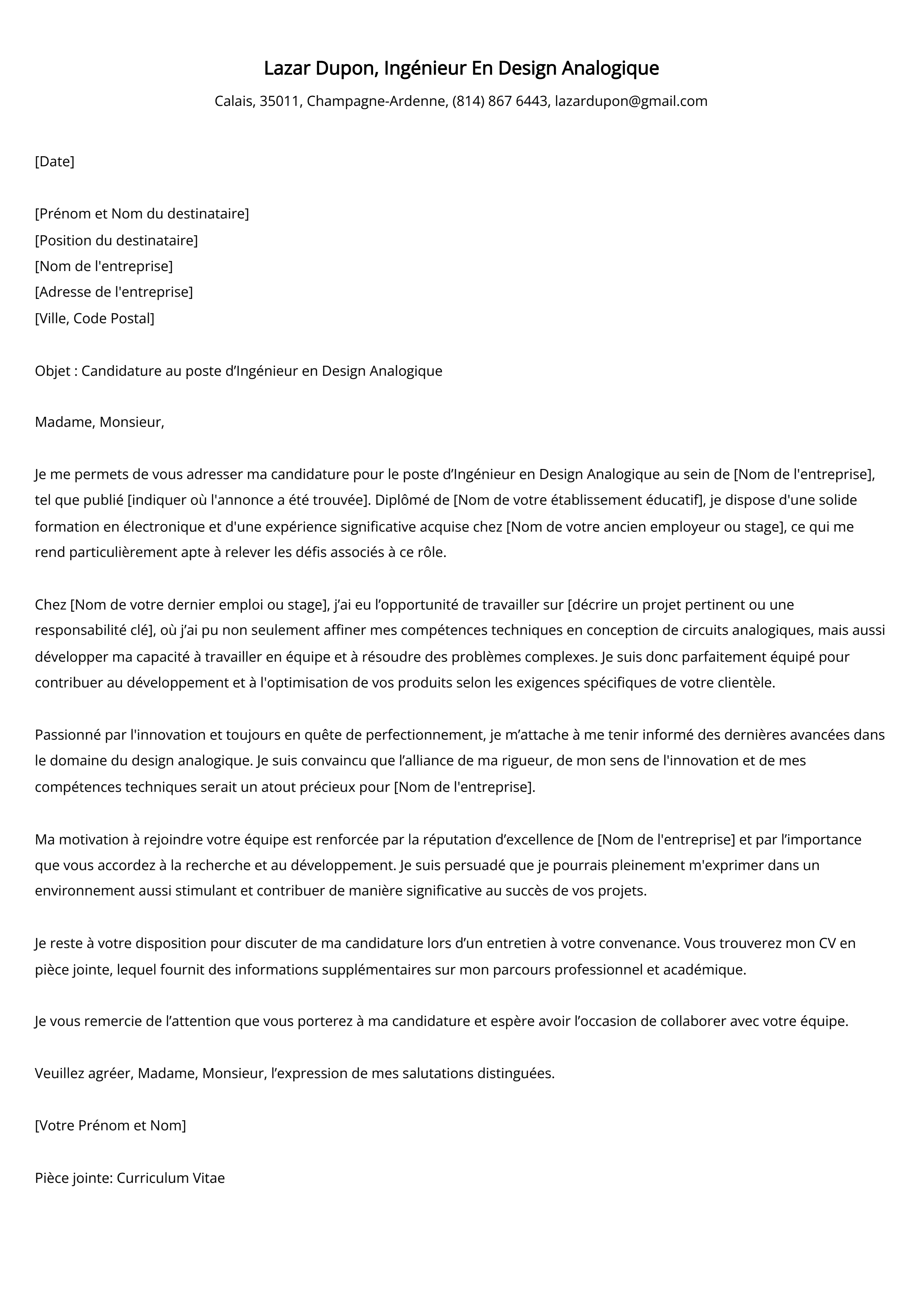 Ingénieur En Design Analogique Cover Letter Example