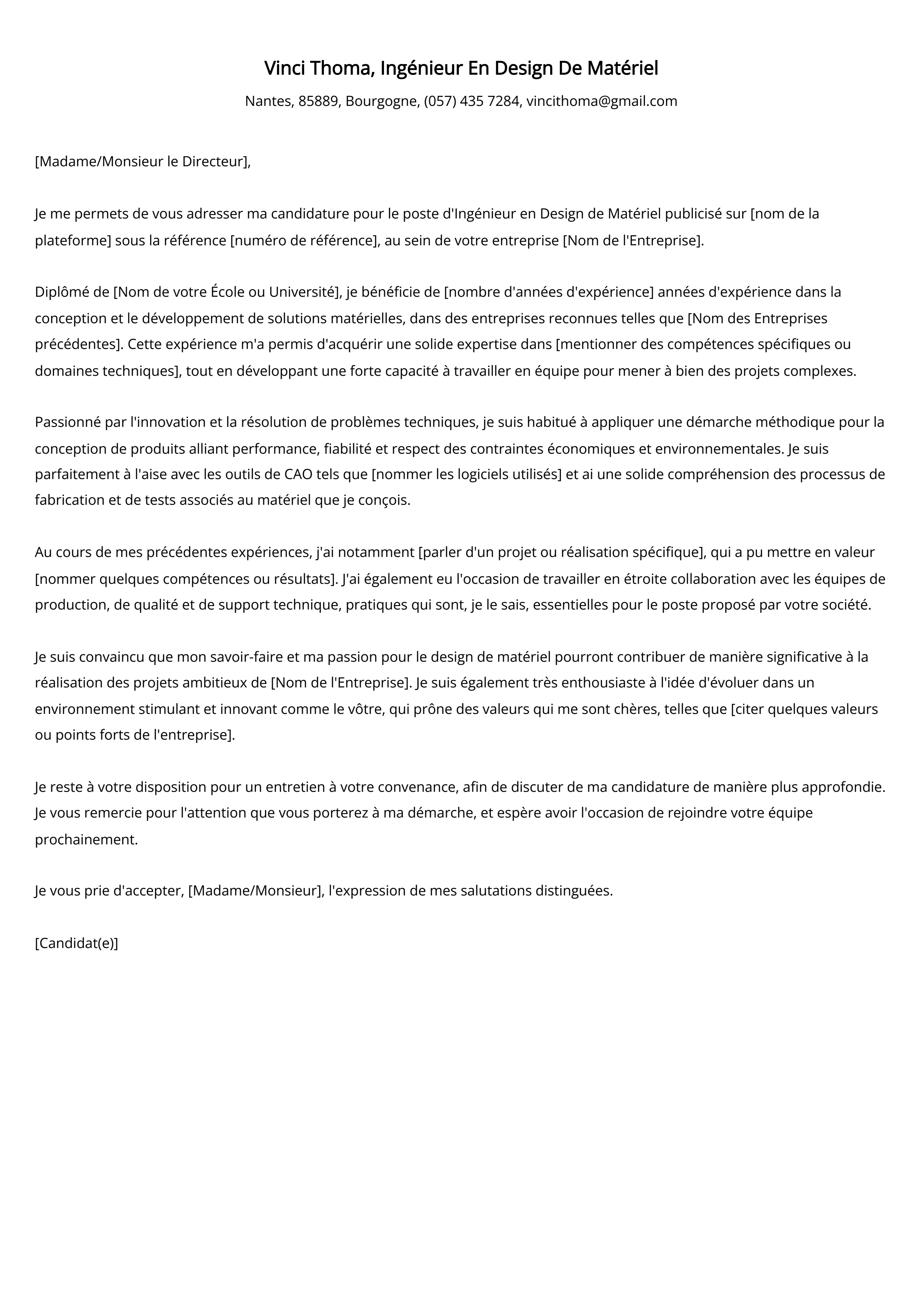 Ingénieur En Design De Matériel Cover Letter Example