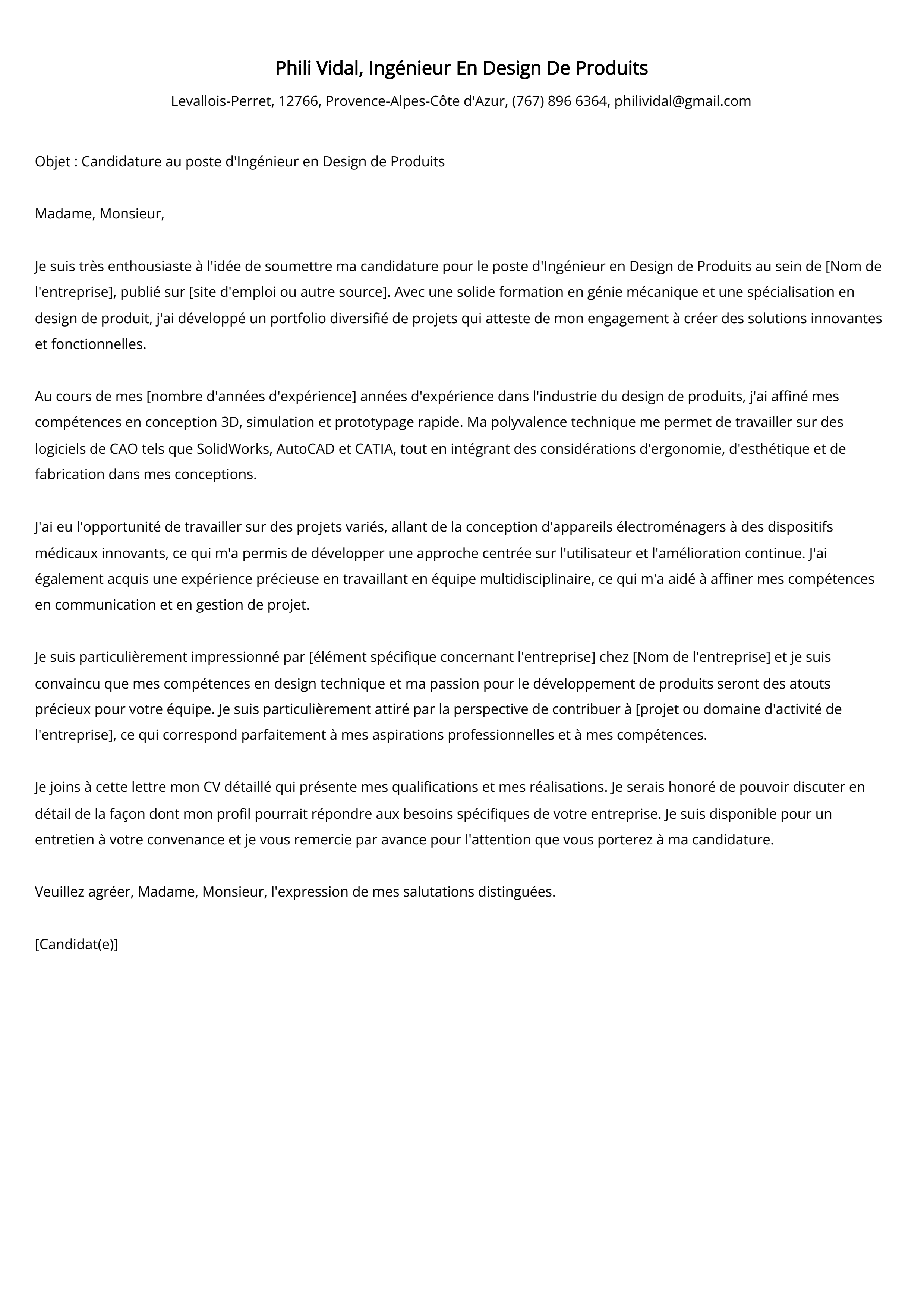 Ingénieur En Design De Produits Cover Letter Example