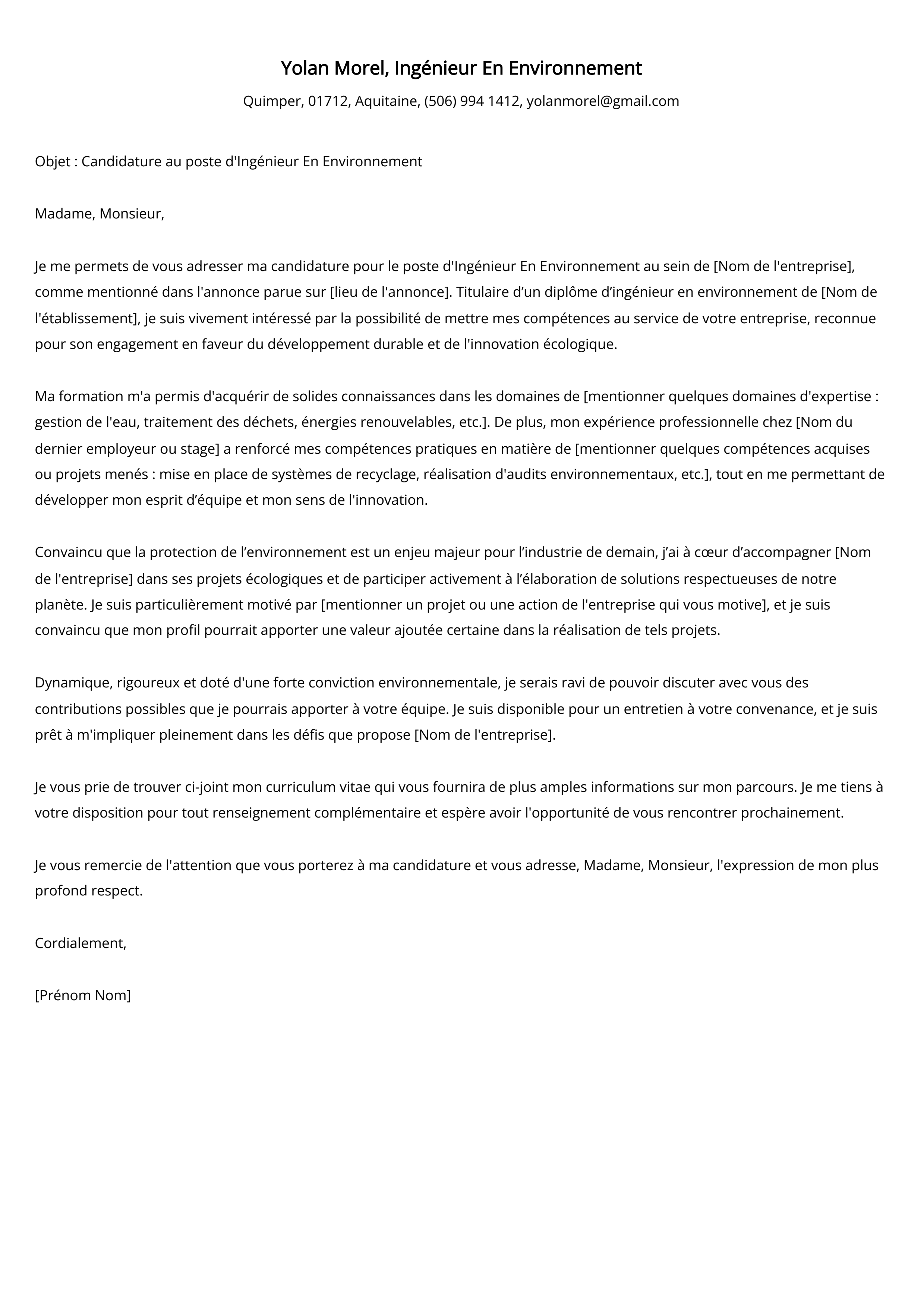 Ingénieur En Environnement Cover Letter Example