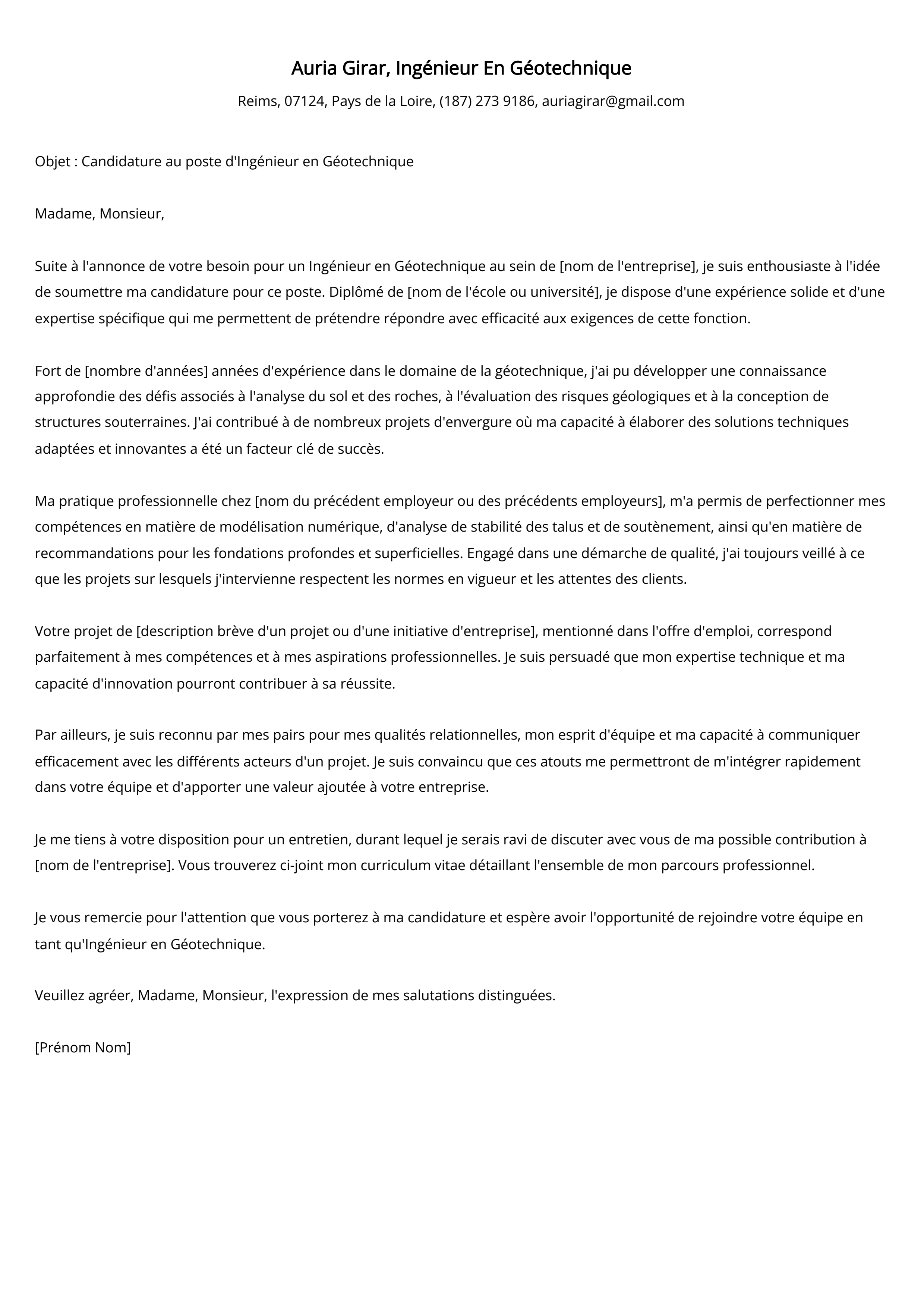 Ingénieur En Géotechnique Cover Letter Example