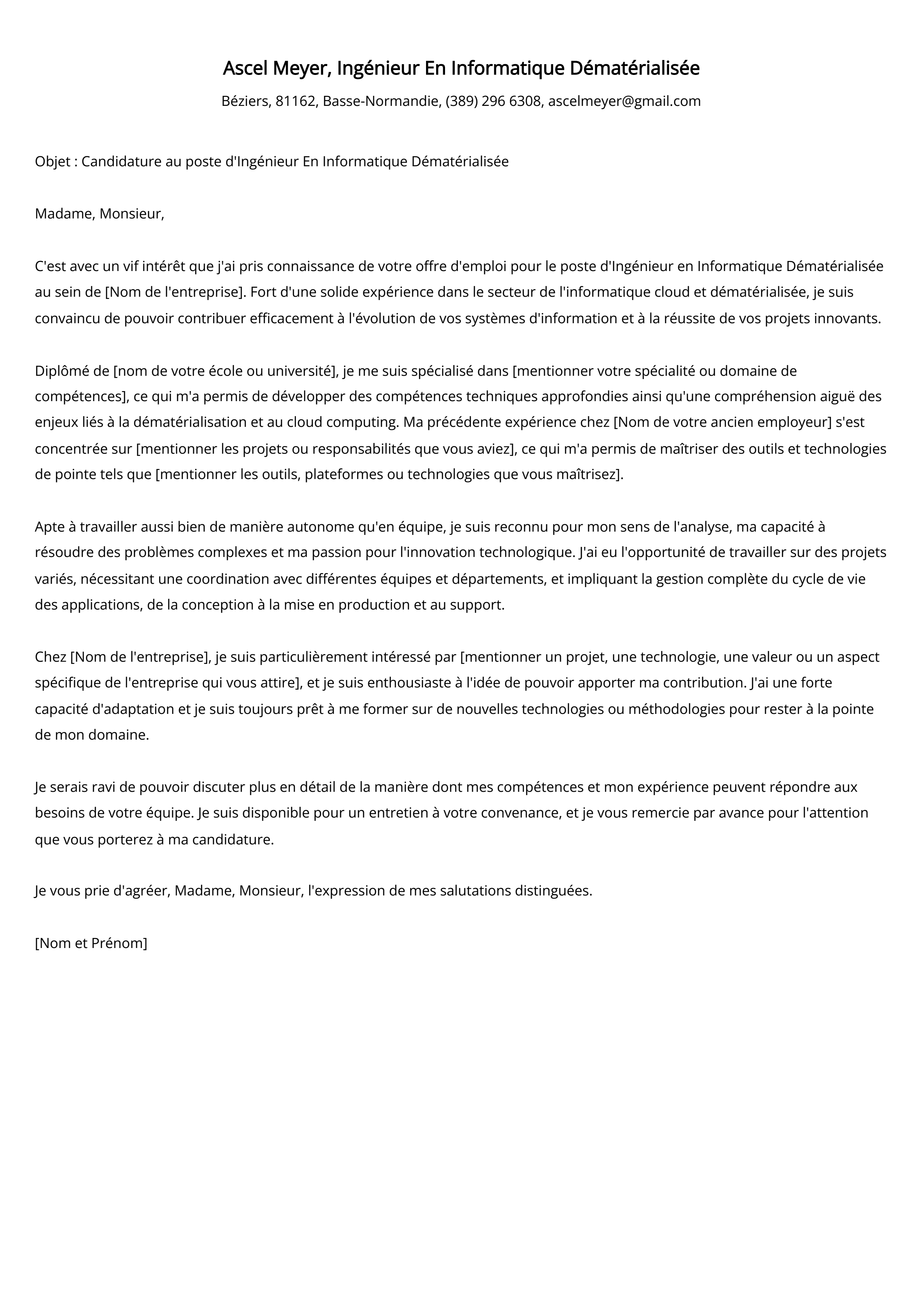 Ingénieur En Informatique Dématérialisée Cover Letter Example