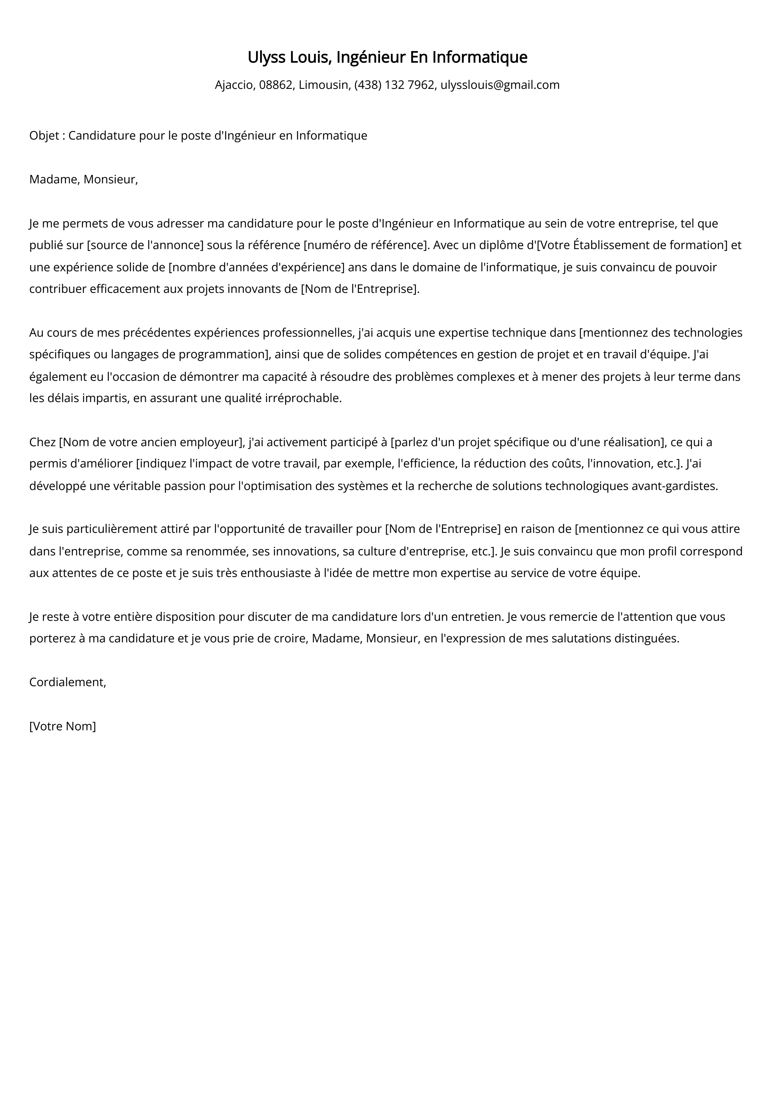 Ingénieur En Informatique Cover Letter Example