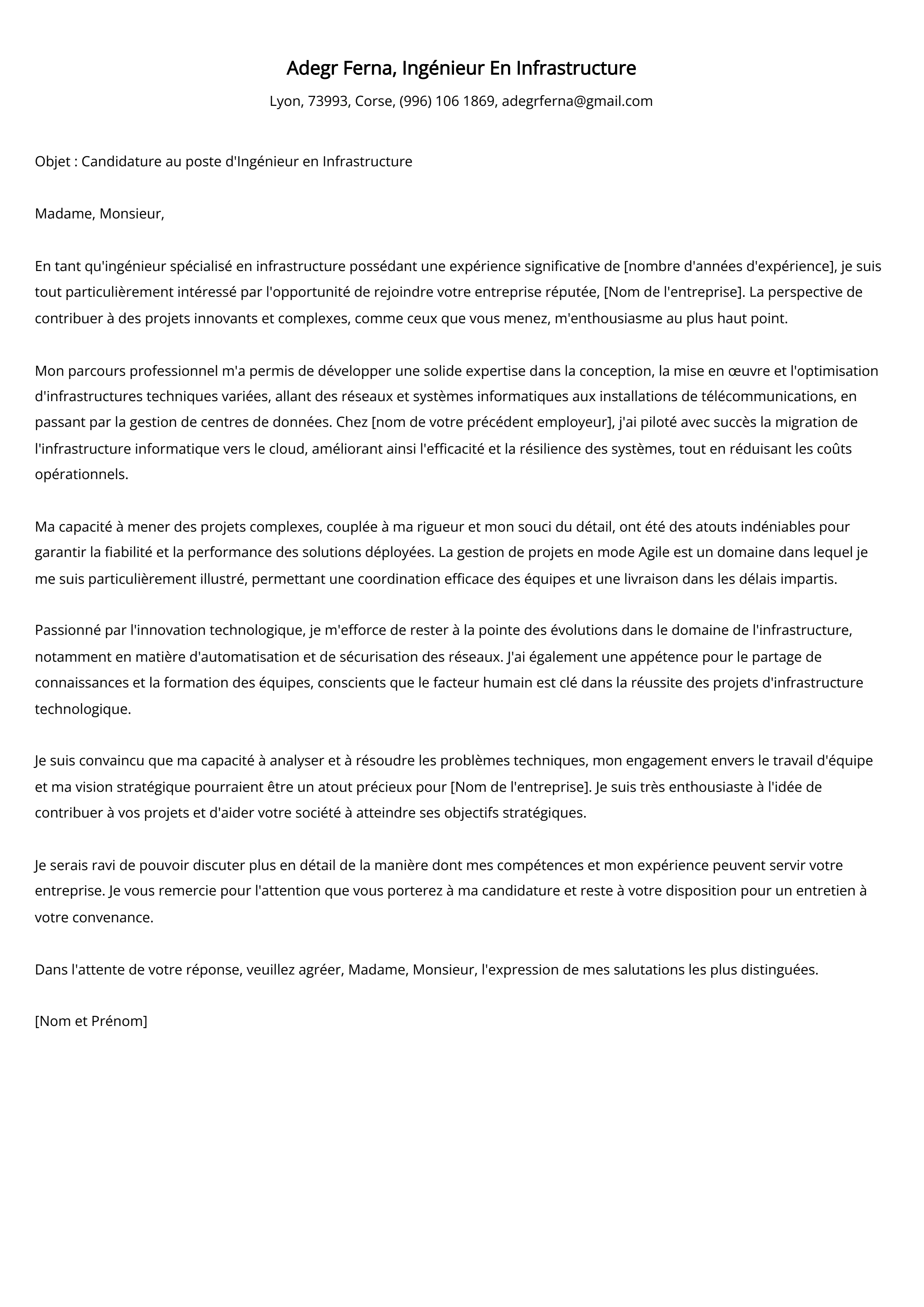 Ingénieur En Infrastructure Cover Letter Example