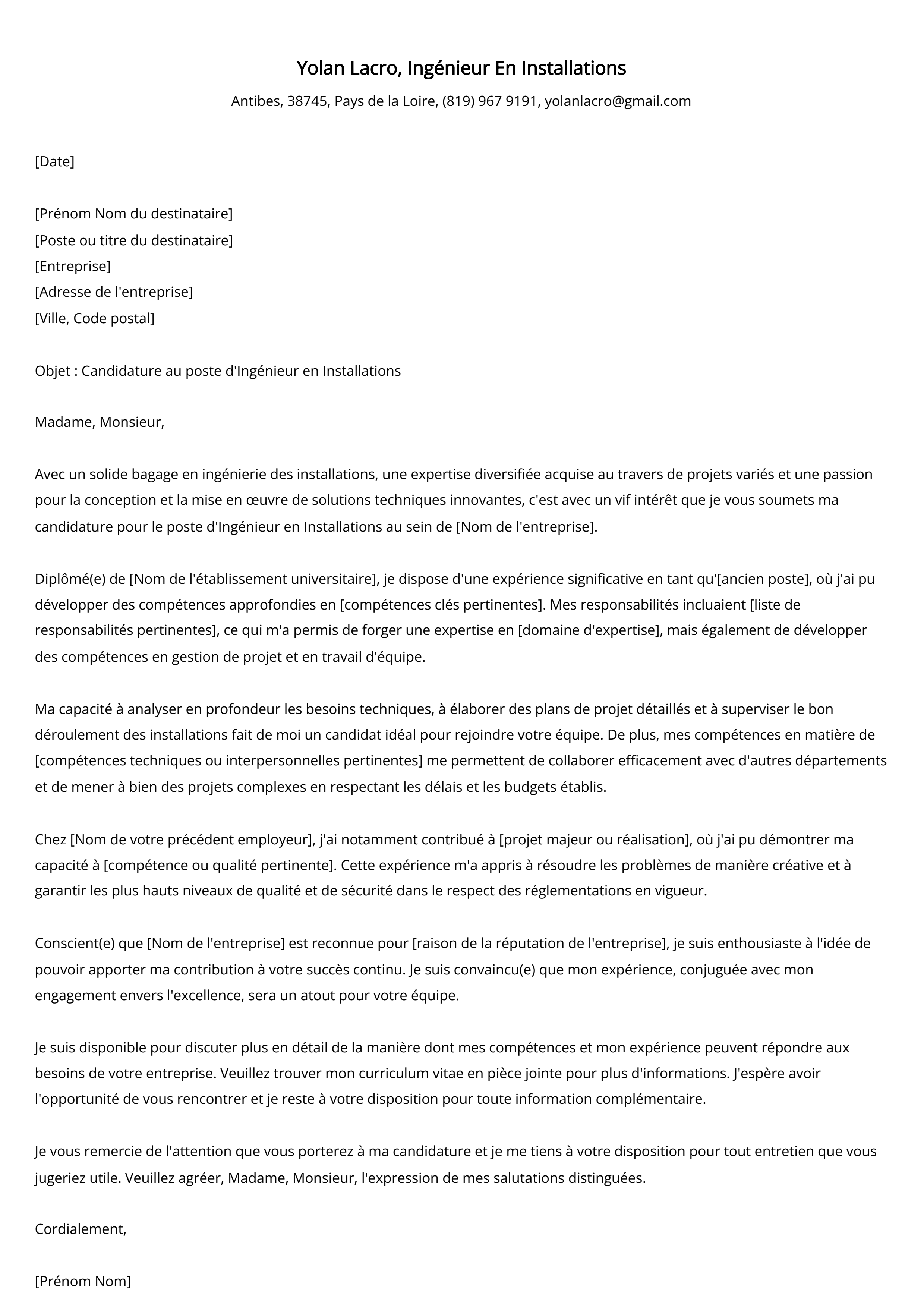 Ingénieur En Installations Cover Letter Example