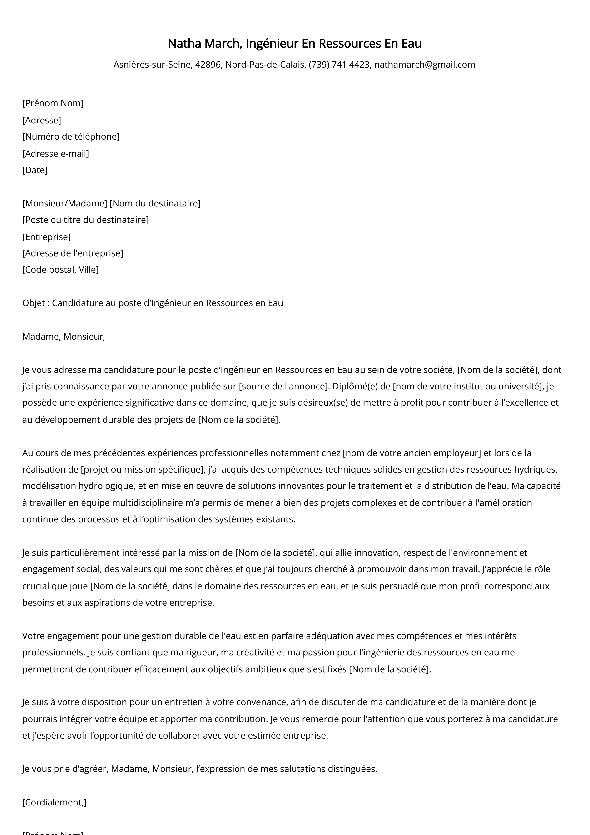 Ingénieur En Ressources En Eau Cover Letter Example