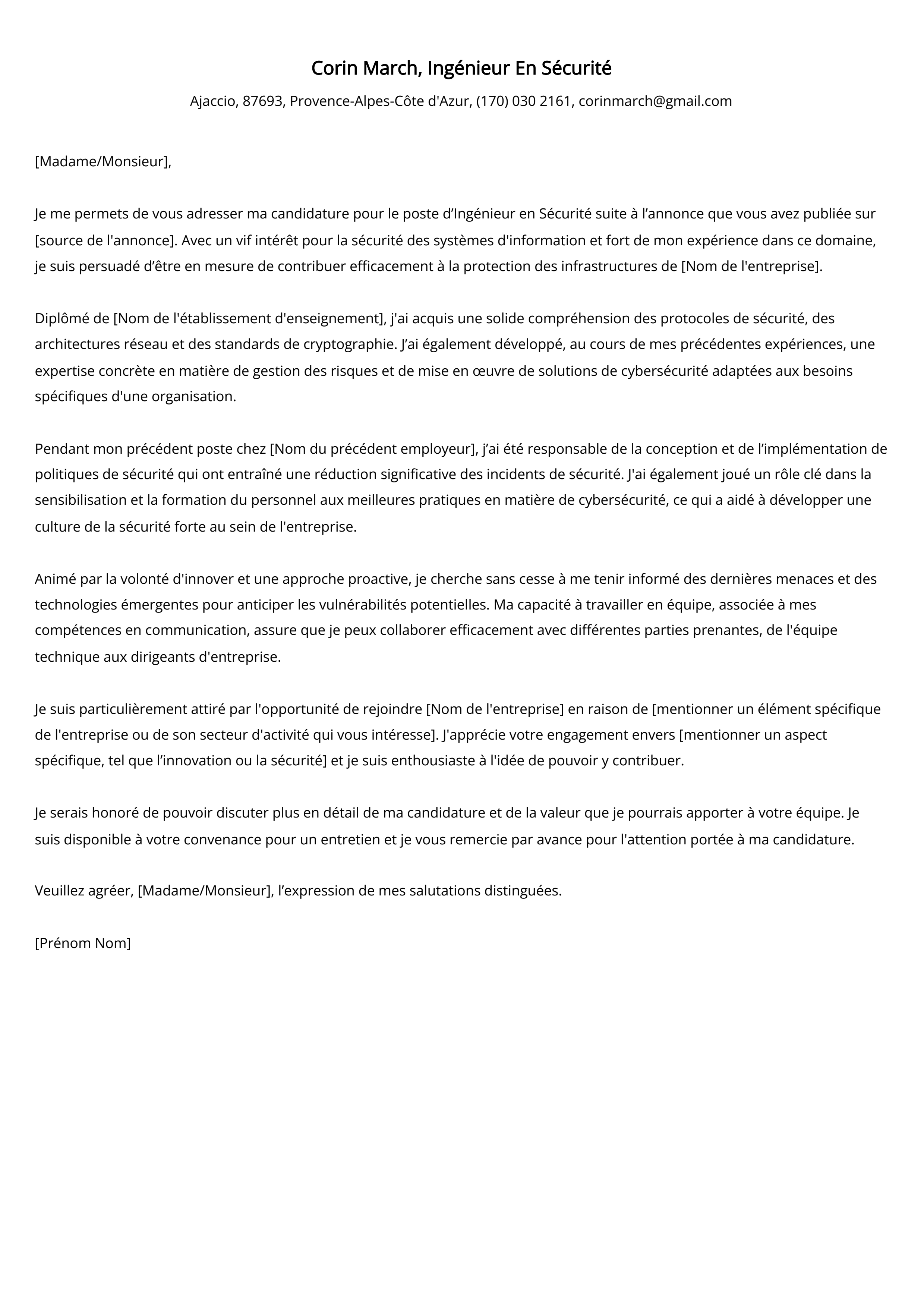 Ingénieur En Sécurité Cover Letter Example