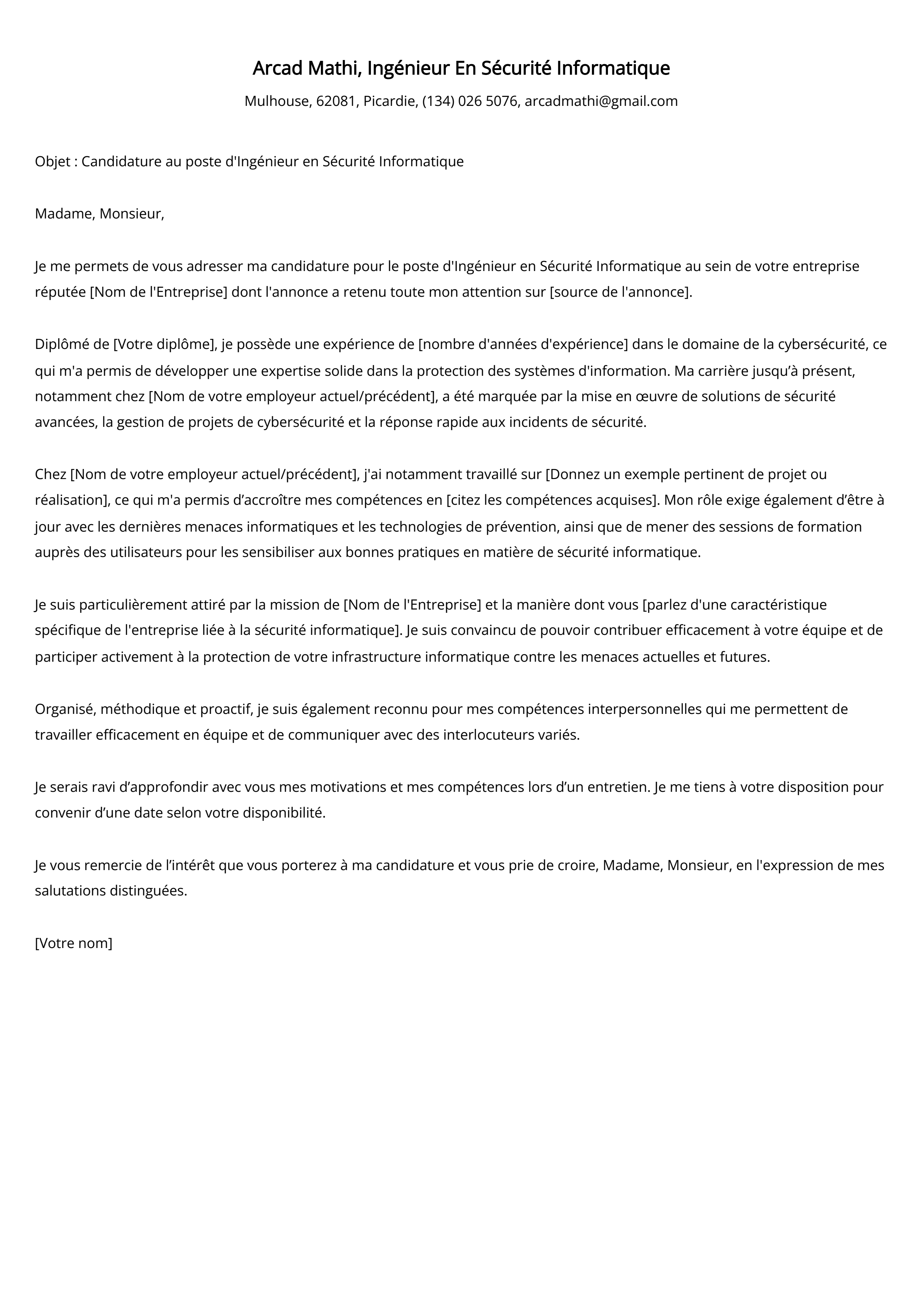 Ingénieur En Sécurité Informatique Cover Letter Example