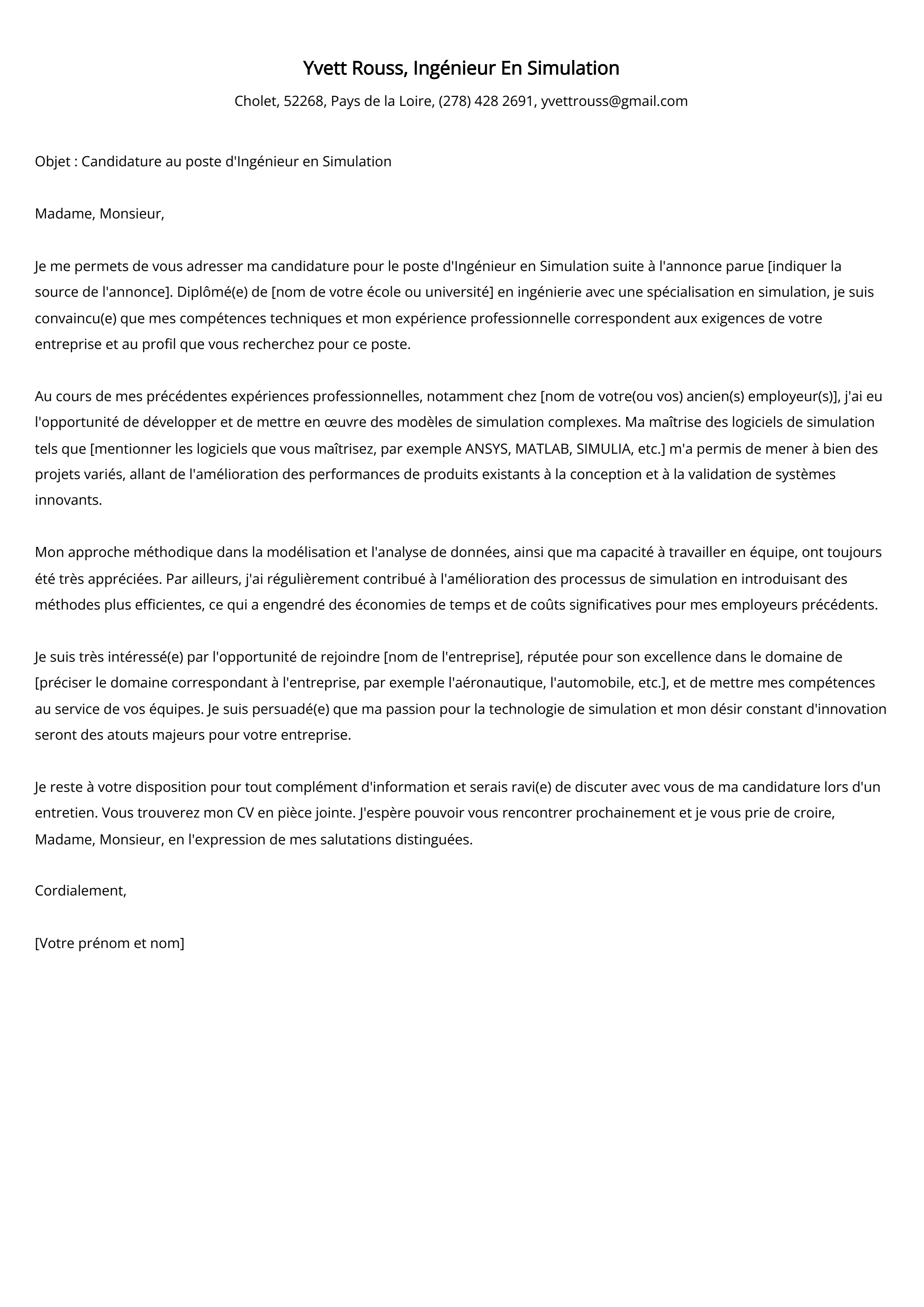 Exemple de lettre de motivation pour un ingénieur en simulation