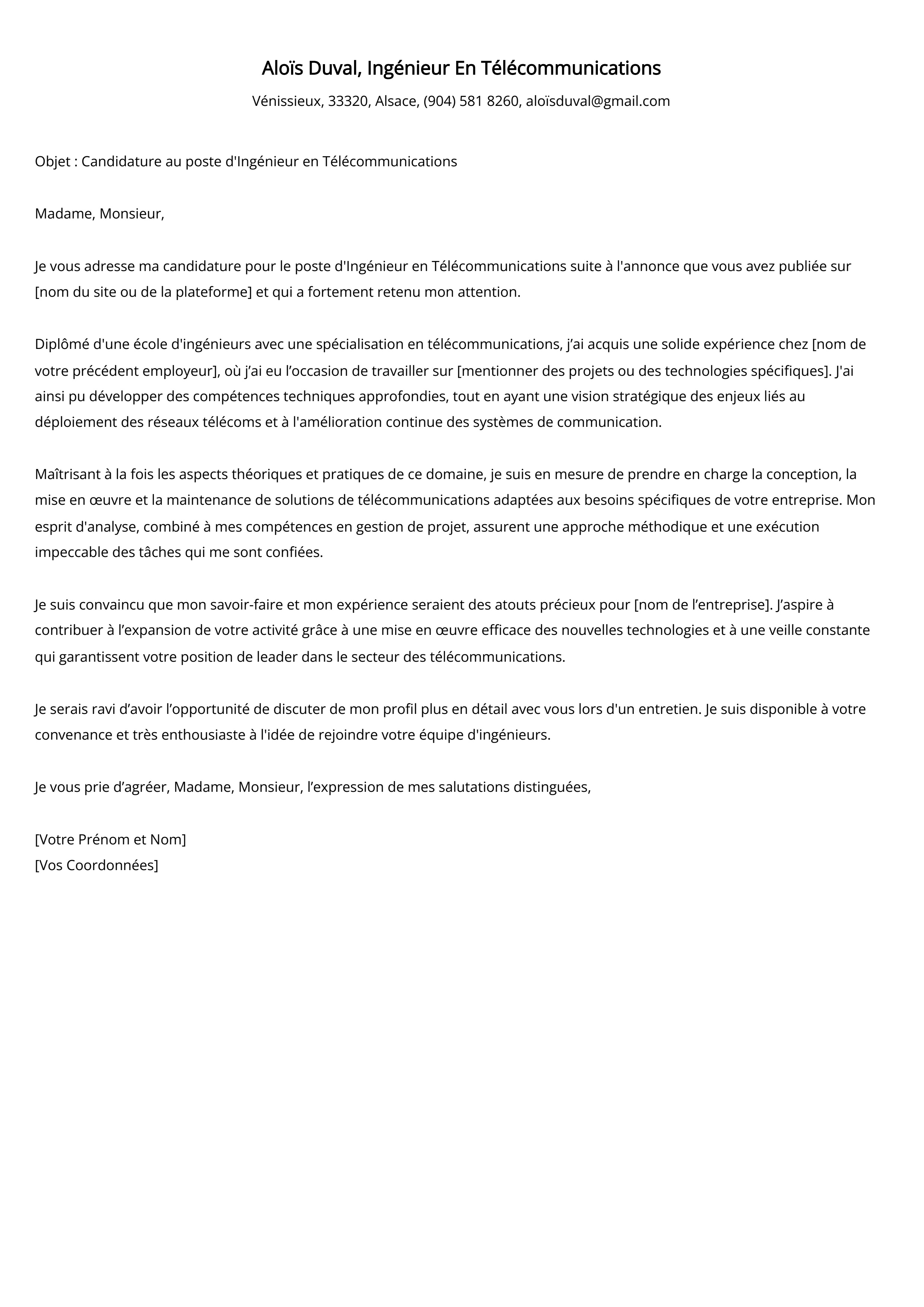 Ingénieur En Télécommunications Cover Letter Example