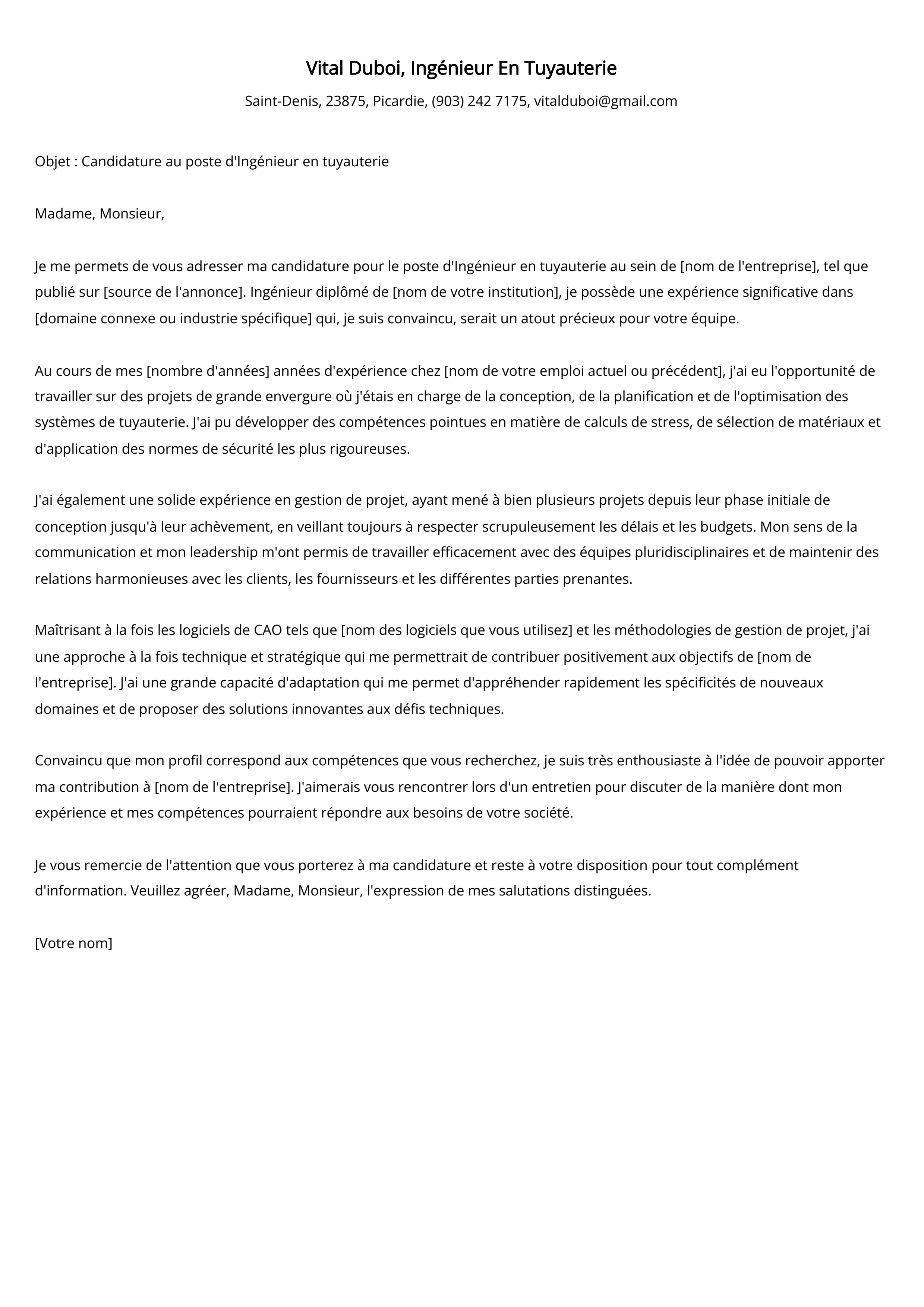 Ingénieur En Tuyauterie Cover Letter Example