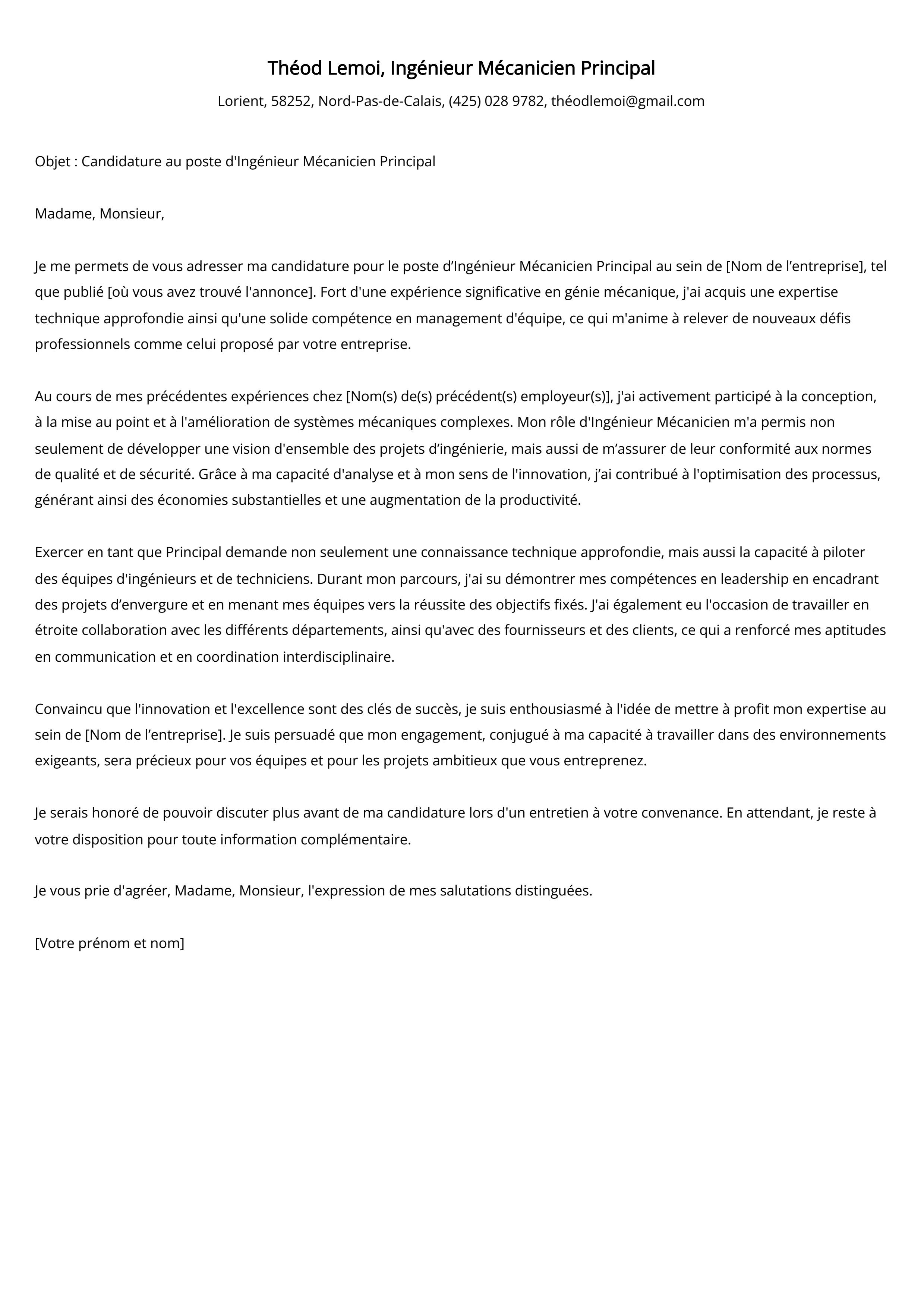 Ingénieur Mécanicien Principal Cover Letter Example