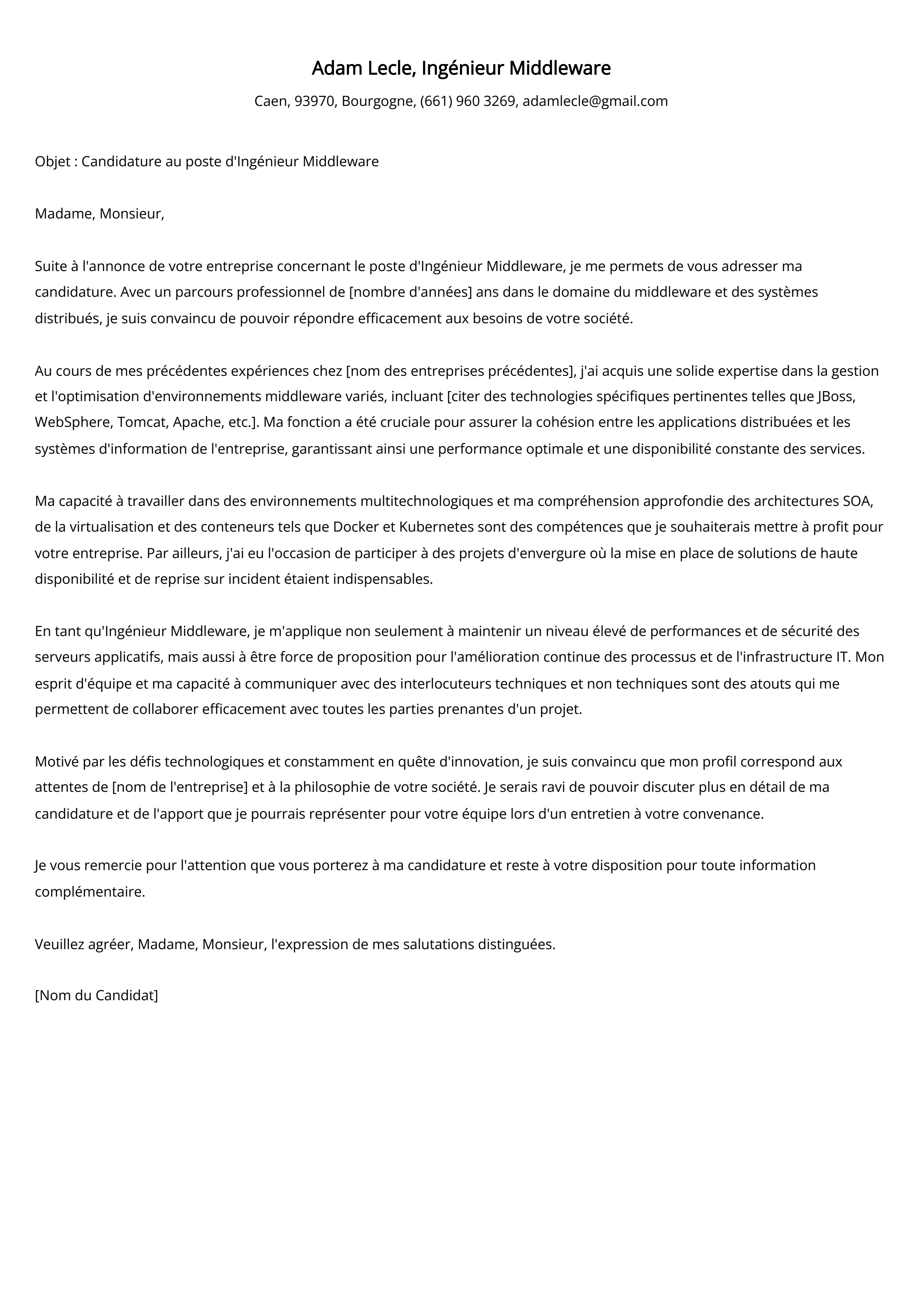 Ingénieur Middleware Cover Letter Example