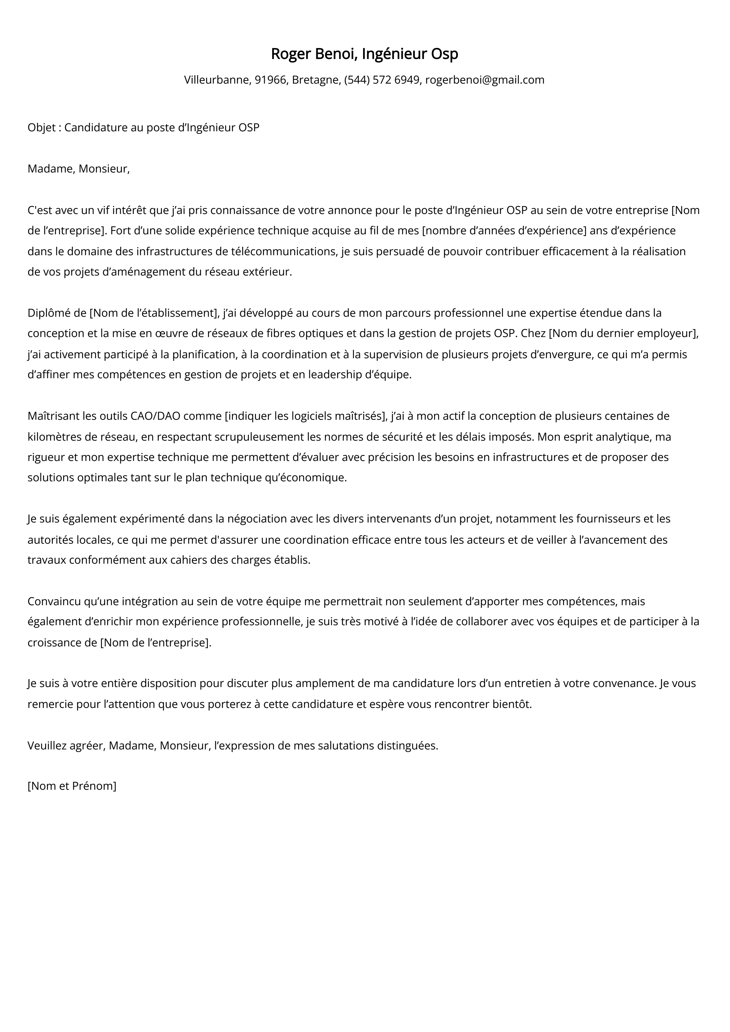 Lettre de motivation de l'ingénieur Osp