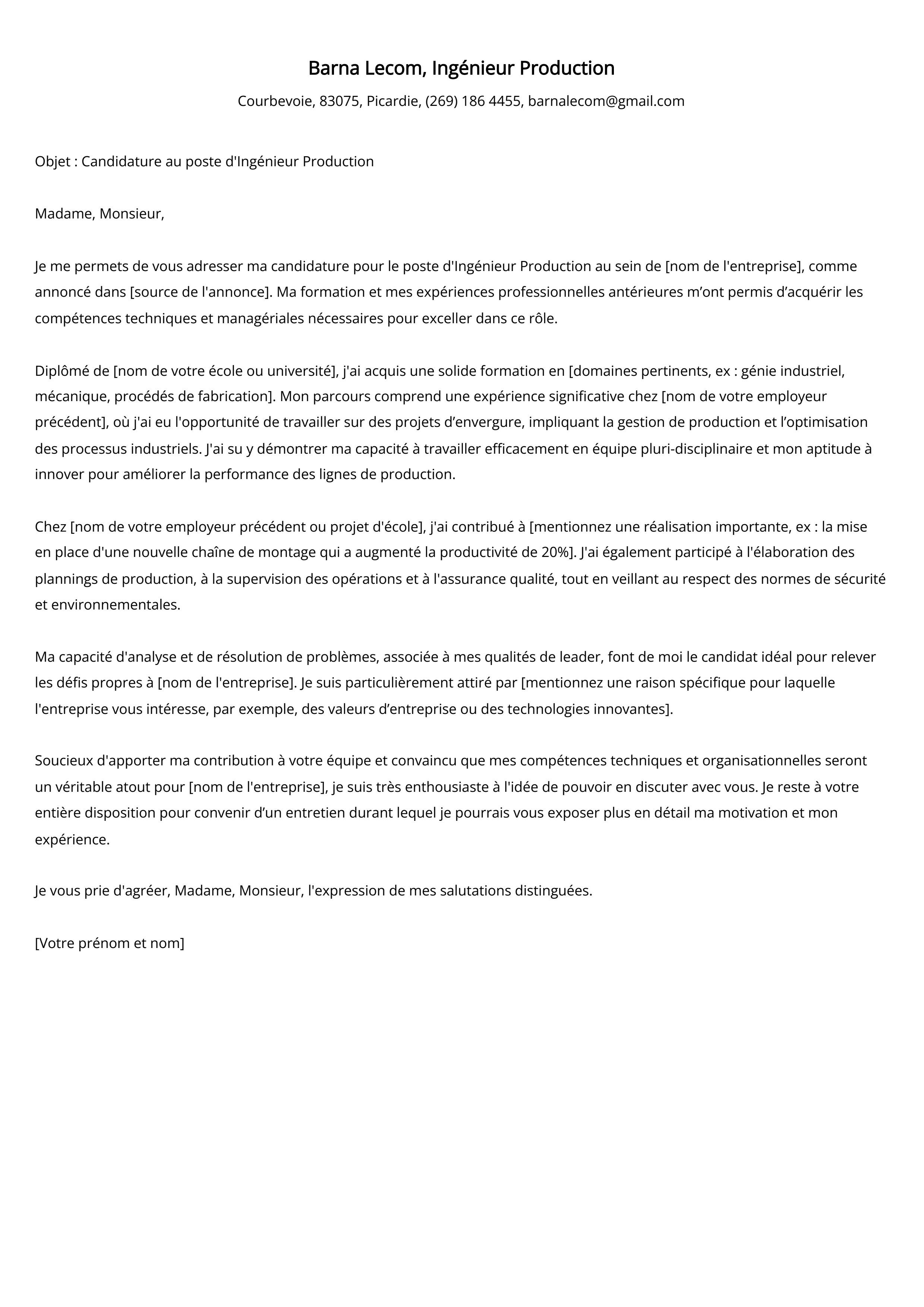 Ingénieur Production Cover Letter Example