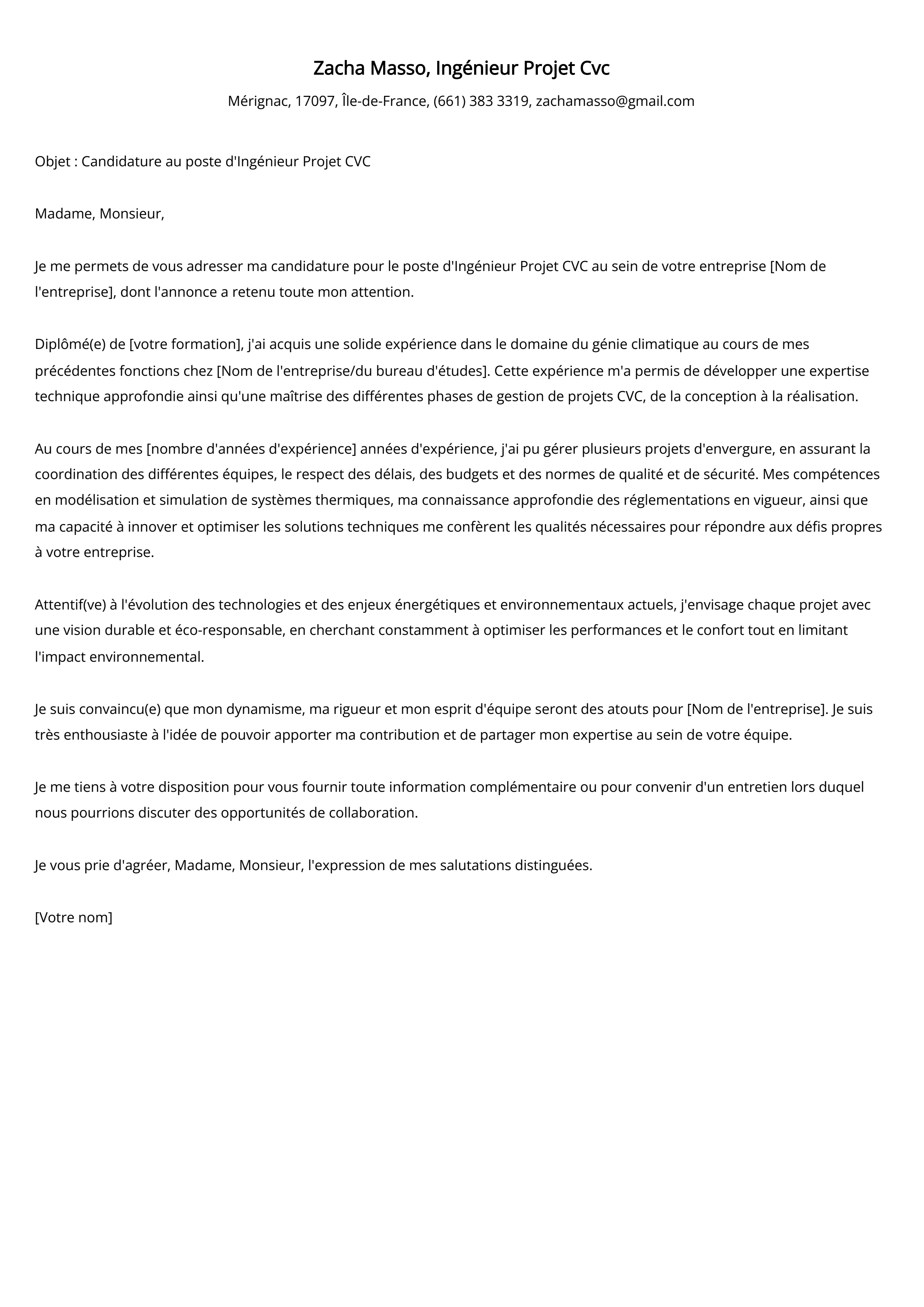 Ingénieur Projet Cvc Cover Letter Example