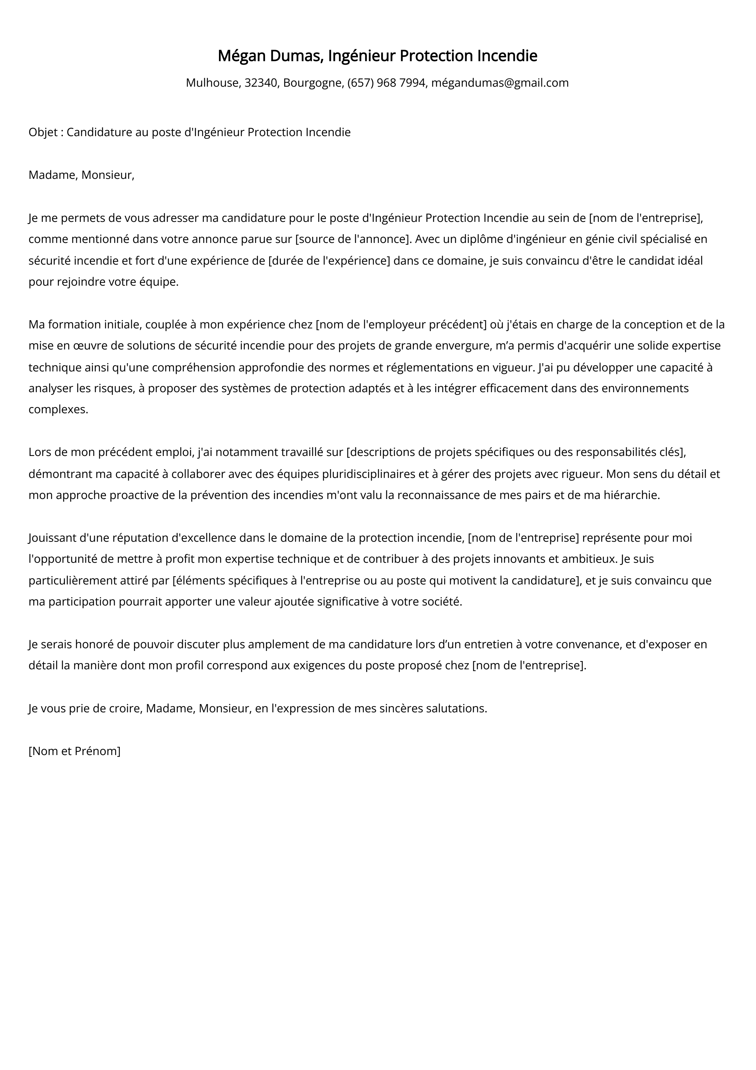 Ingénieur Protection Incendie Cover Letter Example