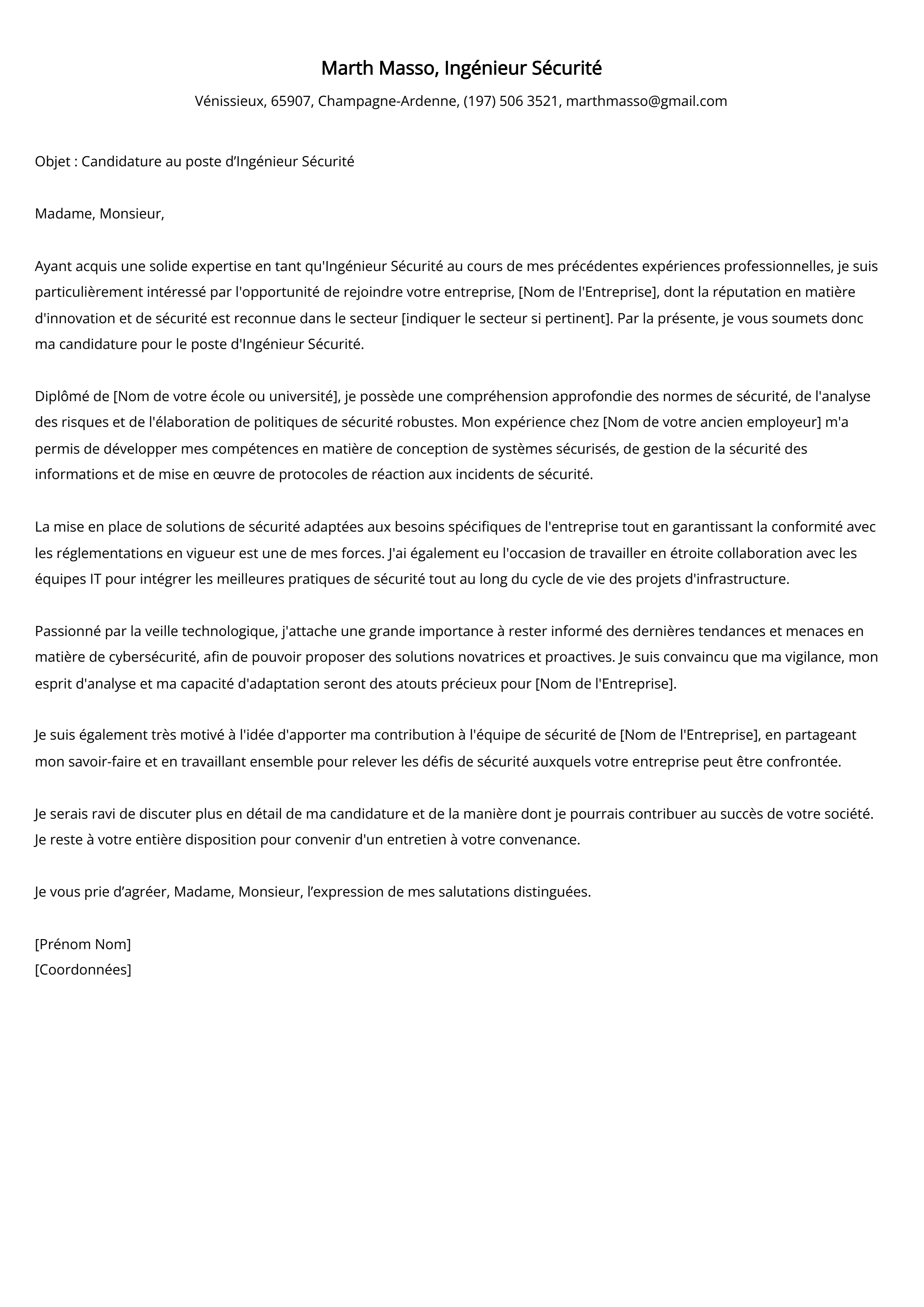 Ingénieur Sécurité Cover Letter Example