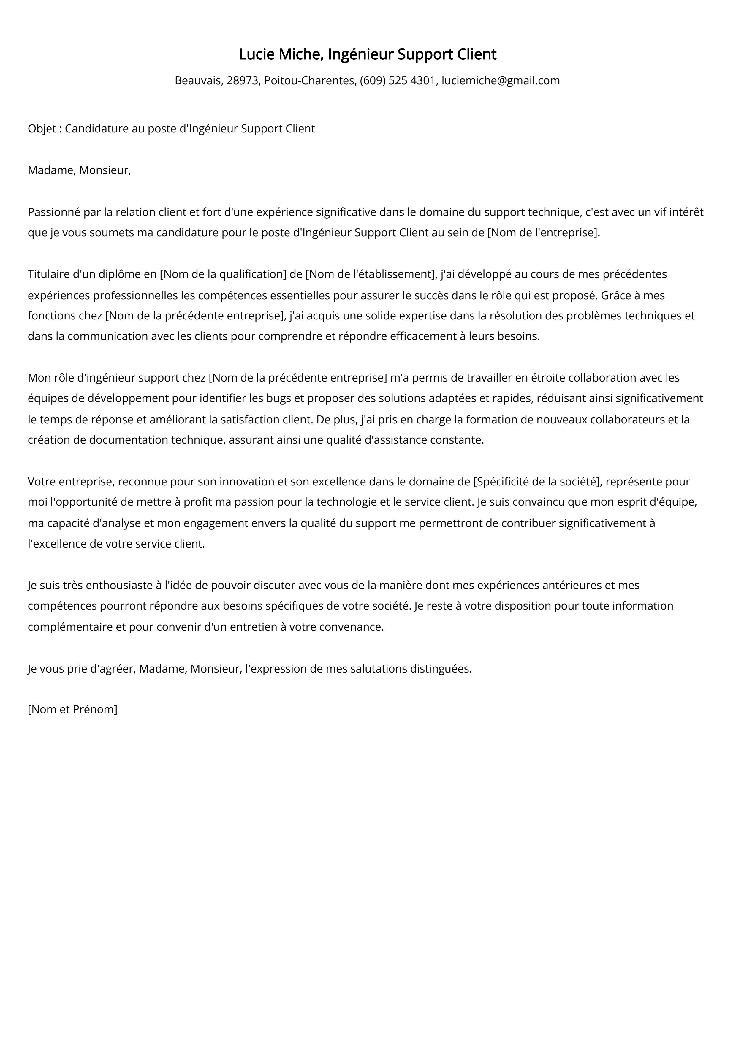 Ingénieur Support Client Cover Letter Example