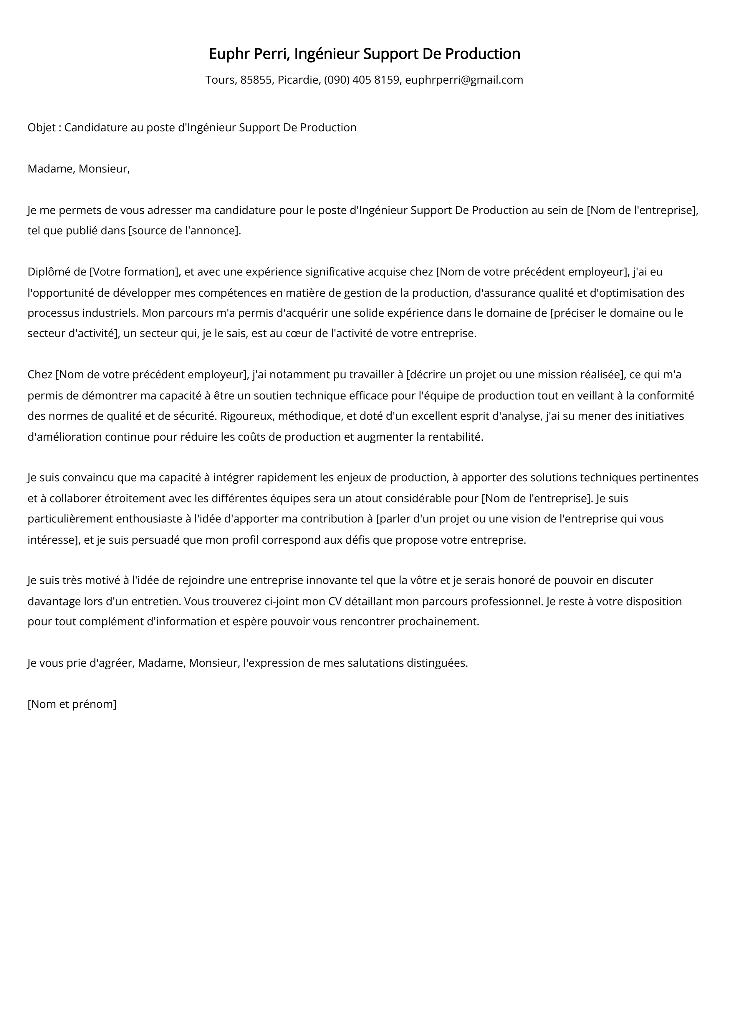 Ingénieur Support De Production Cover Letter Example