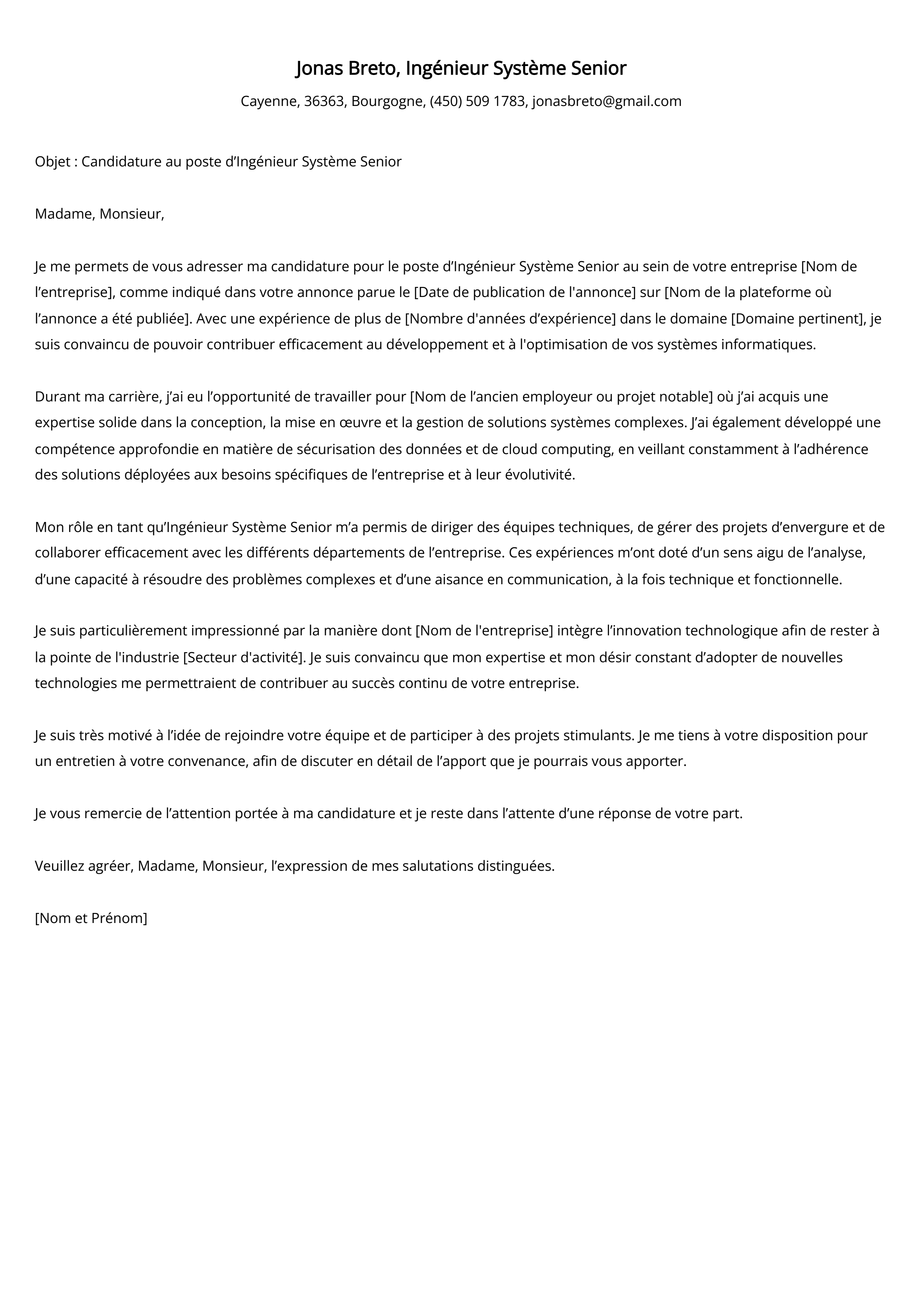 Ingénieur Système Senior Cover Letter Example