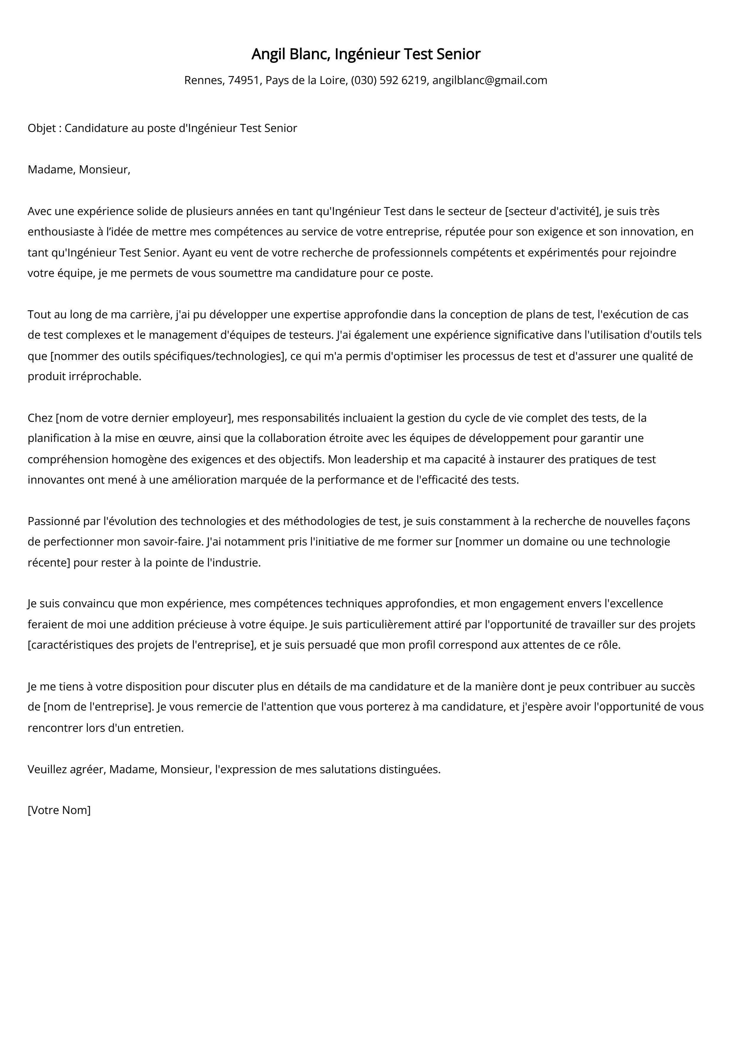 Ingénieur Test Senior Cover Letter Example