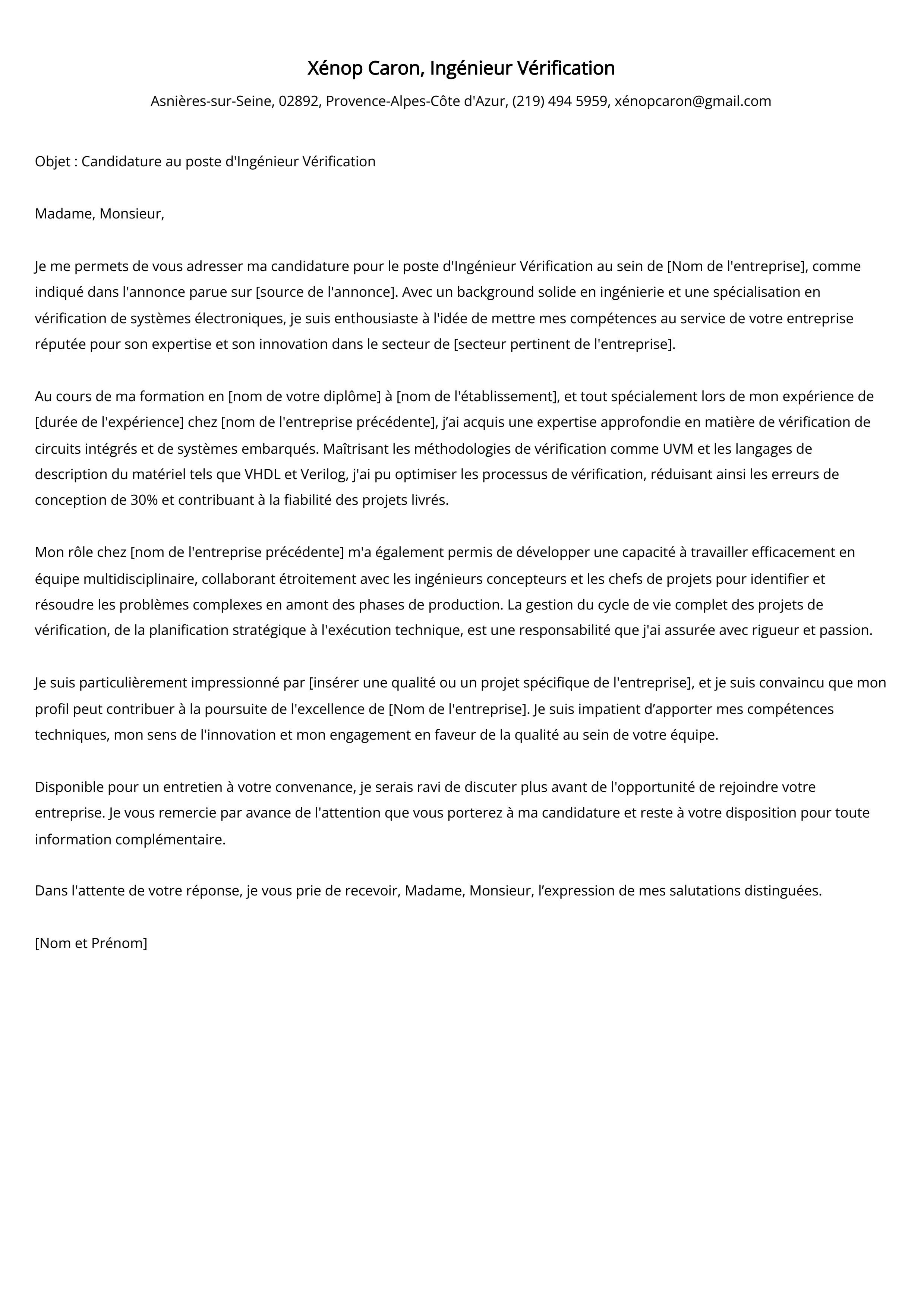 Ingénieur Vérification Cover Letter Example