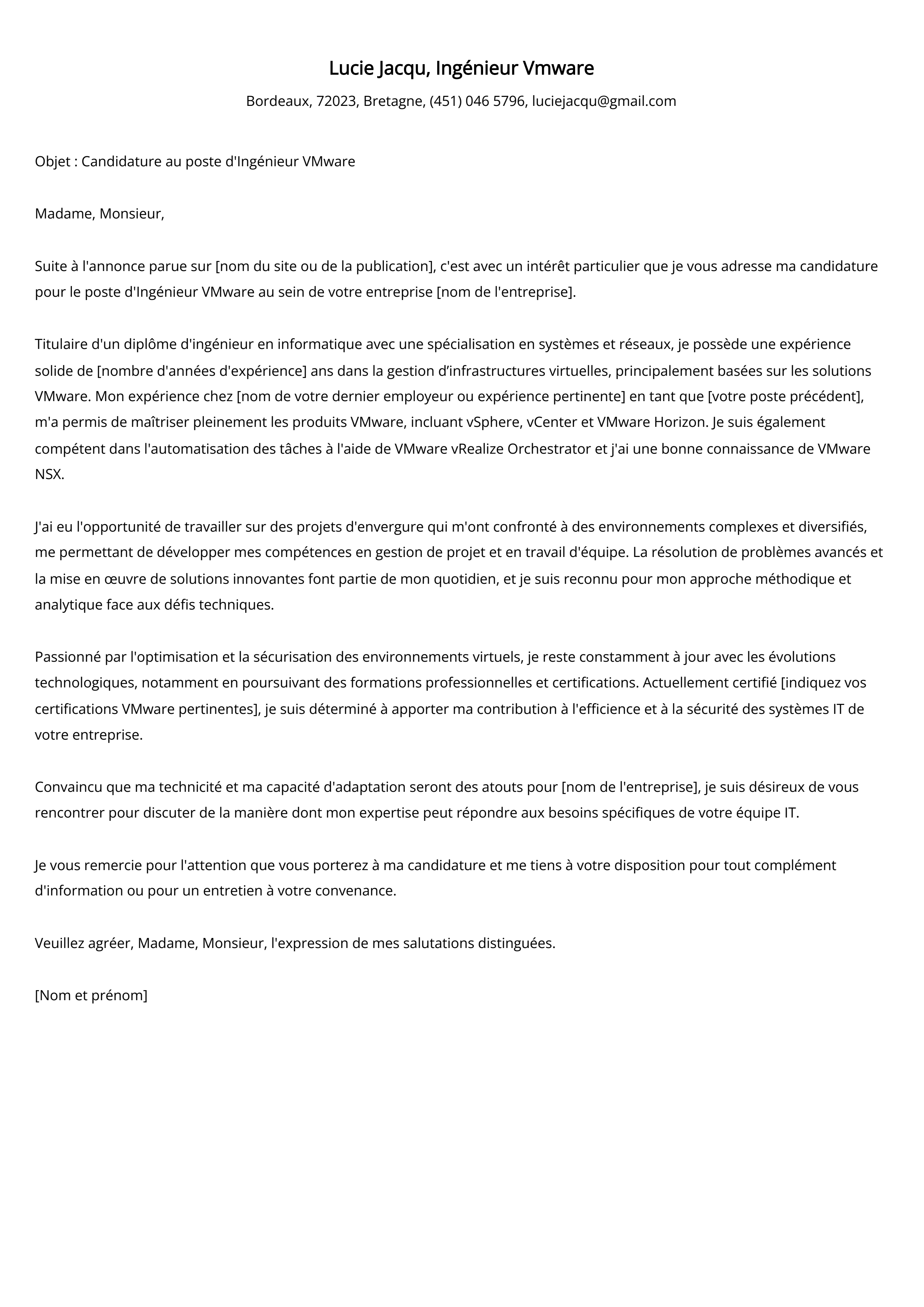 Ingénieur Vmware Cover Letter Example