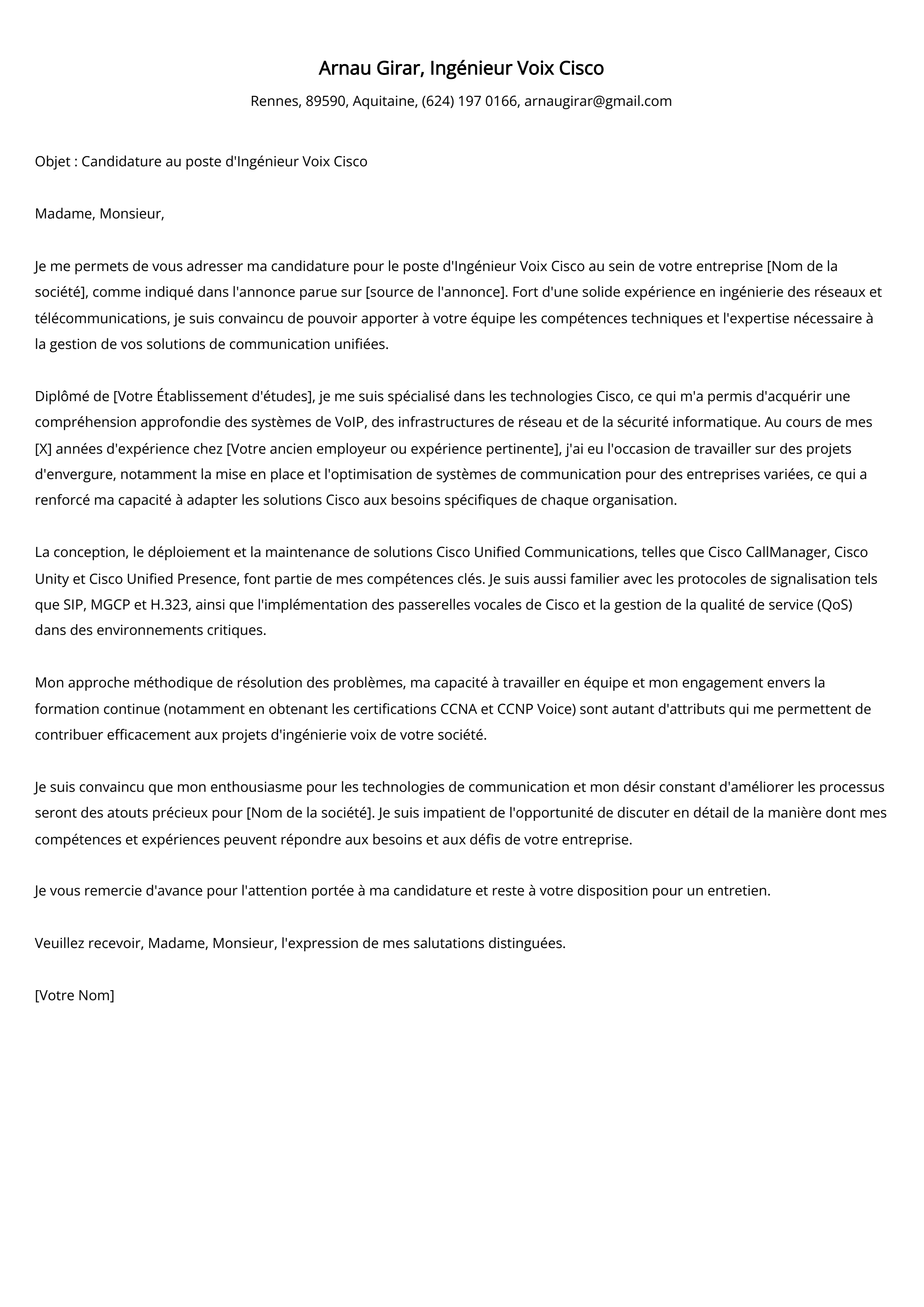 Ingénieur Voix Cisco Cover Letter Example