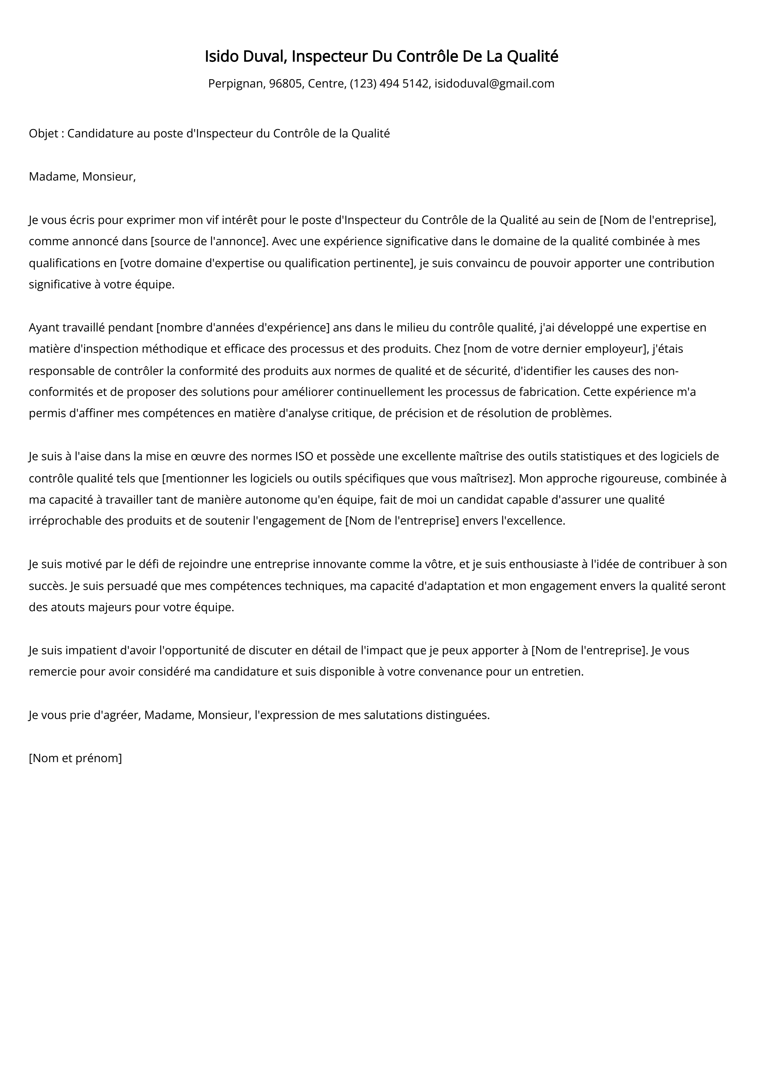 Lettre de motivation de l'inspecteur du contrôle de la qualité Exemple de lettre de motivation