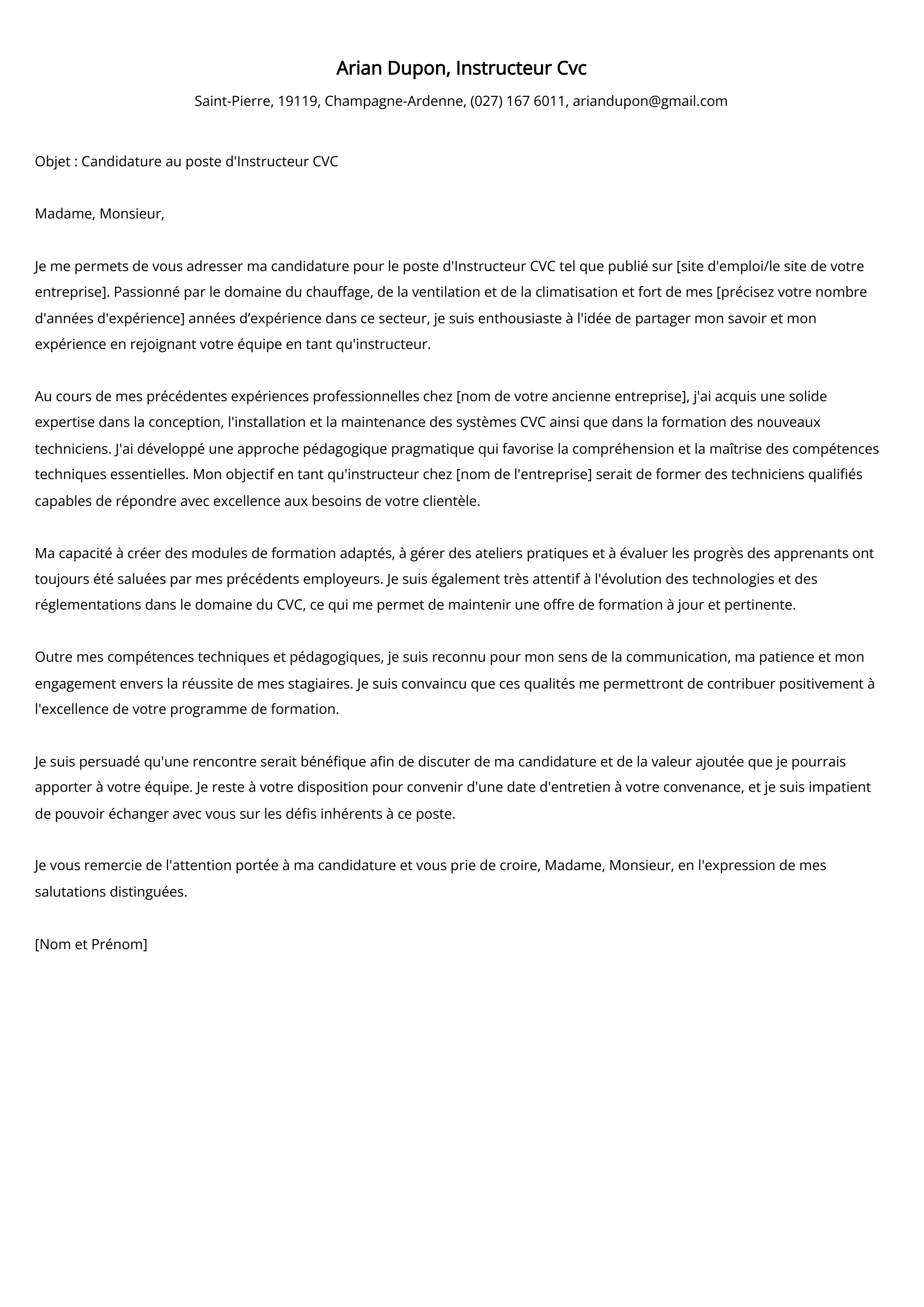 Exemple de lettre de motivation pour l'instructeur Cvc