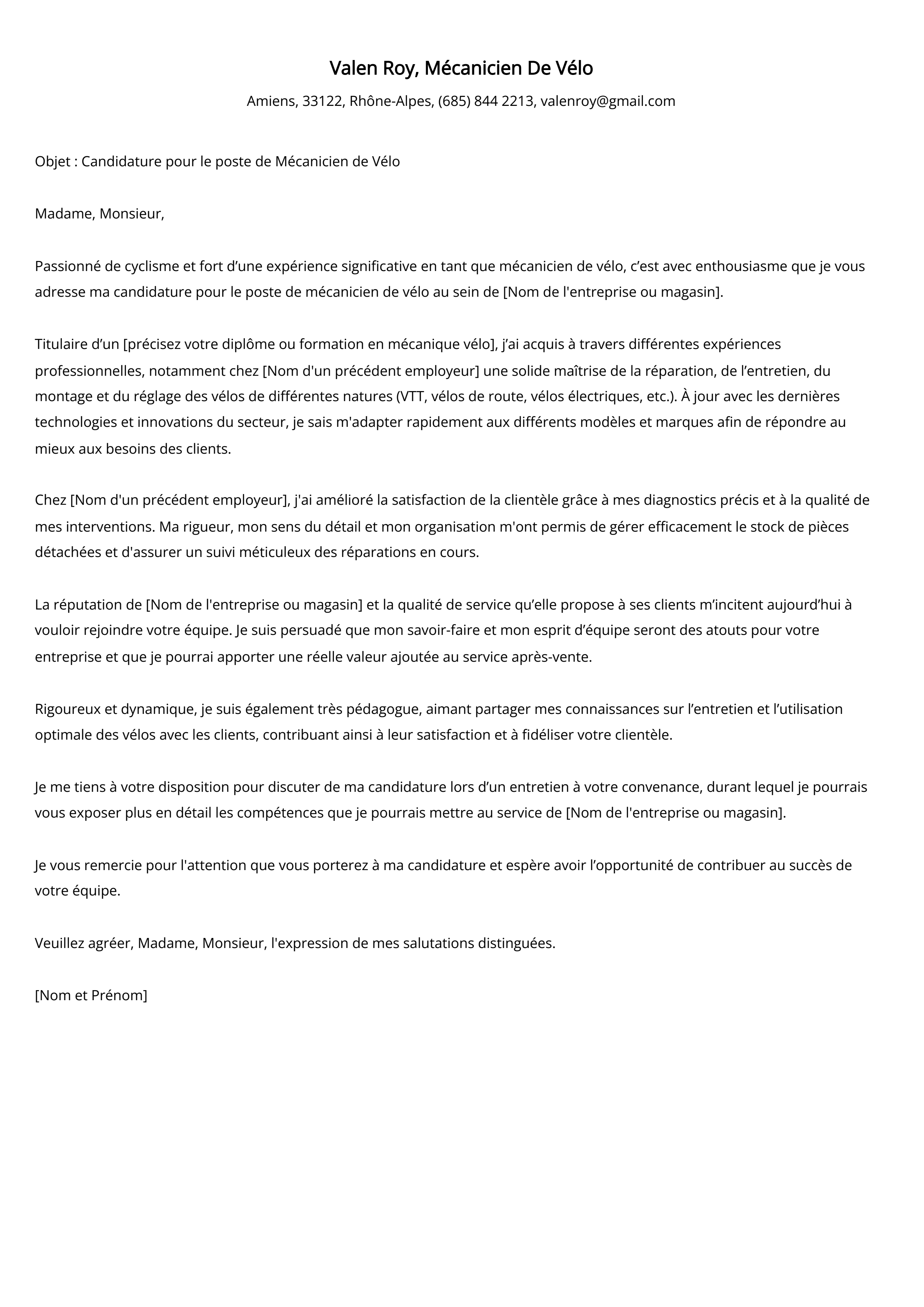 Mécanicien De Vélo Cover Letter Example