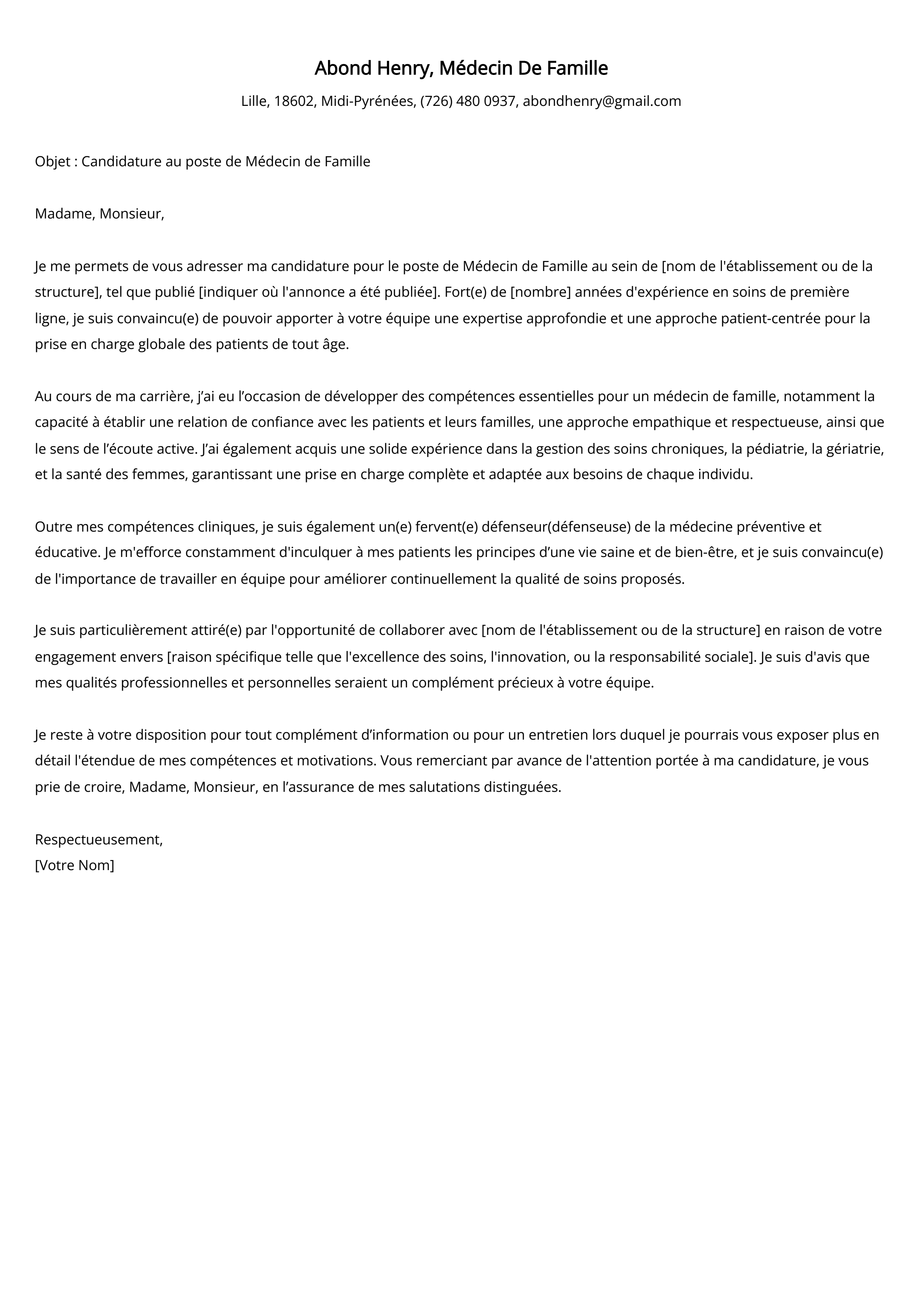 Exemple de lettre de motivation pour un médecin de famille