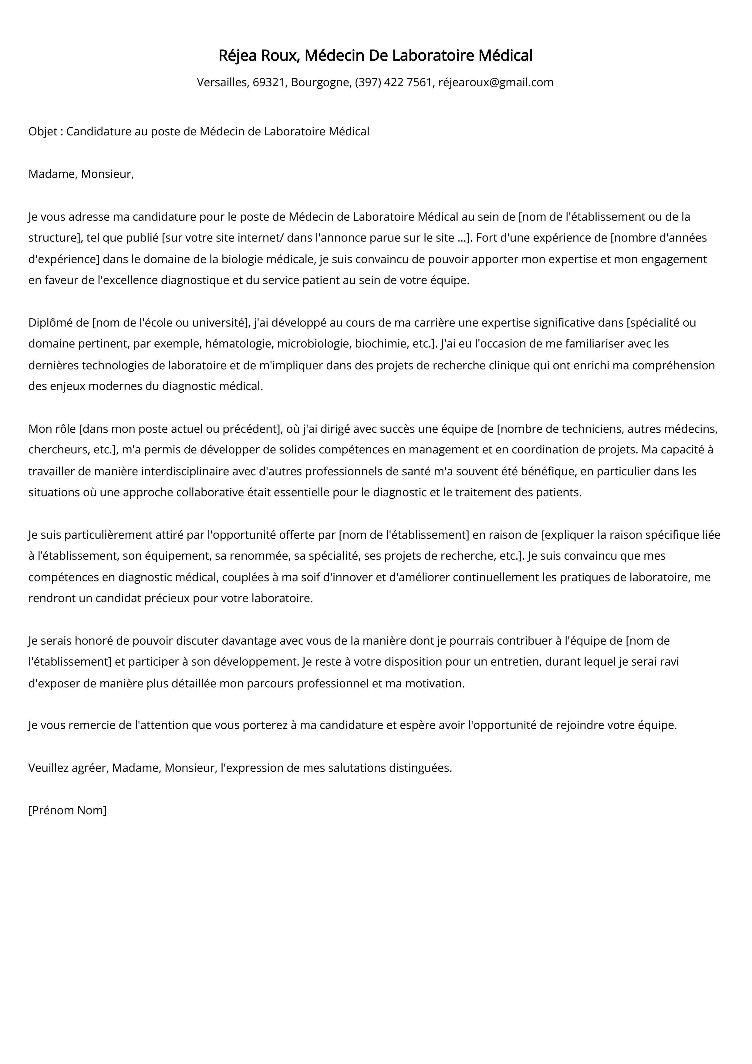 Médecin De Laboratoire Médical Cover Letter Example