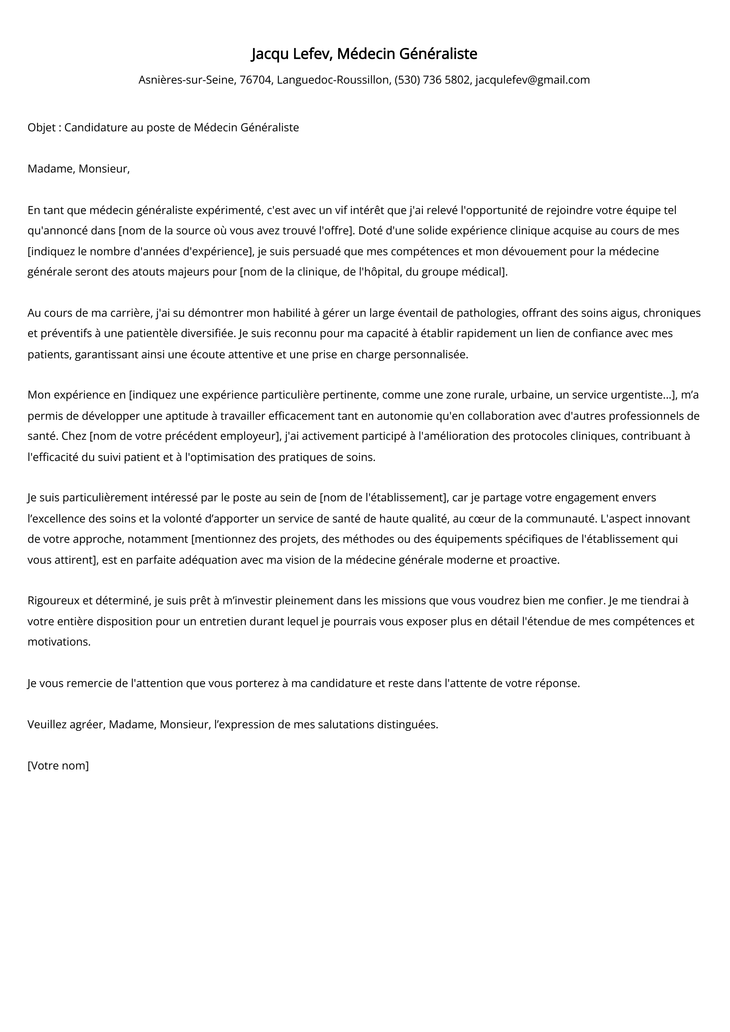 Exemple de lettre de motivation pour un médecin généraliste