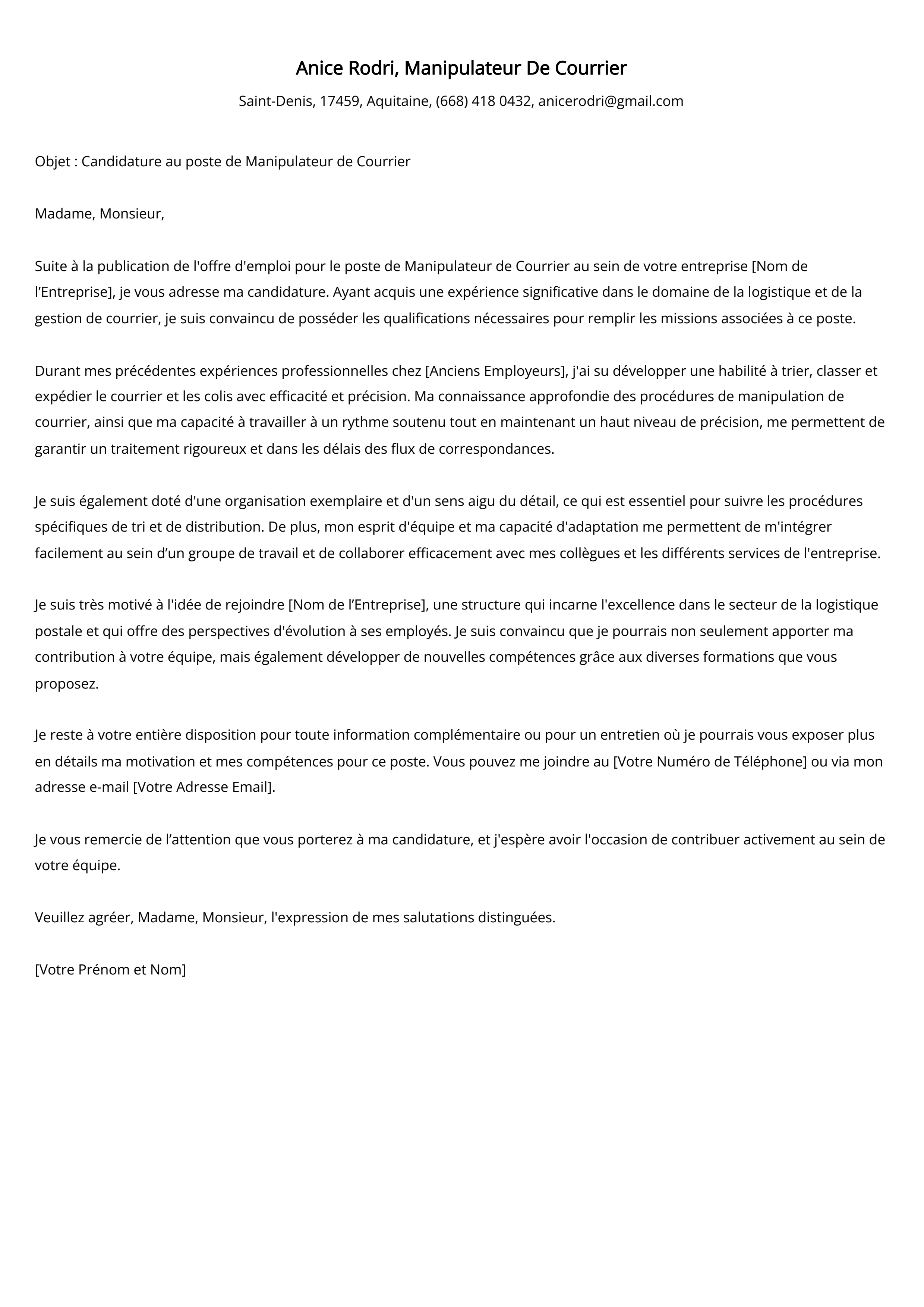 Manipulateur De Courrier Cover Letter Example