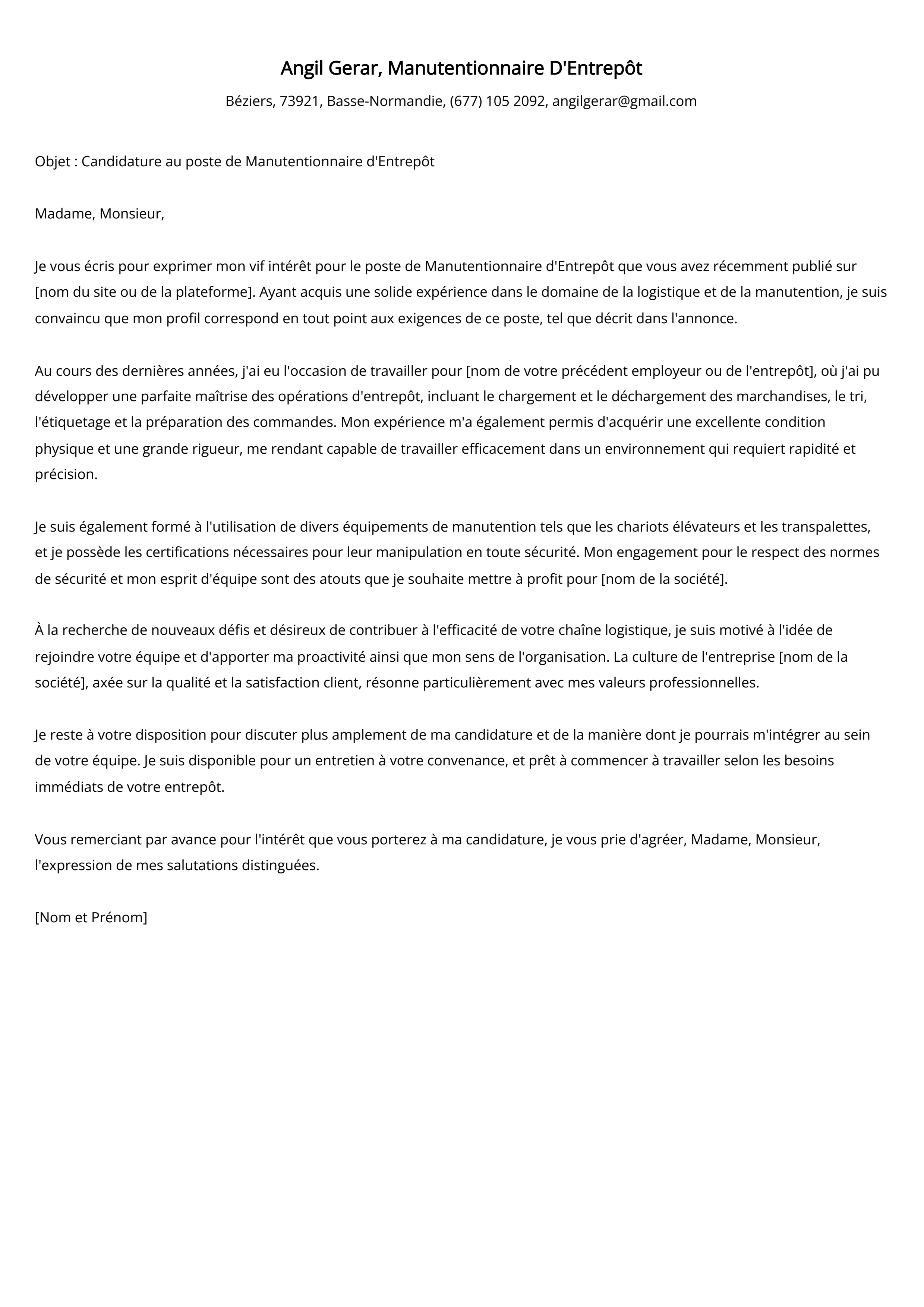 Lettre de motivation du Manutentionnaire D'Entrepôt Exemple de lettre de motivation