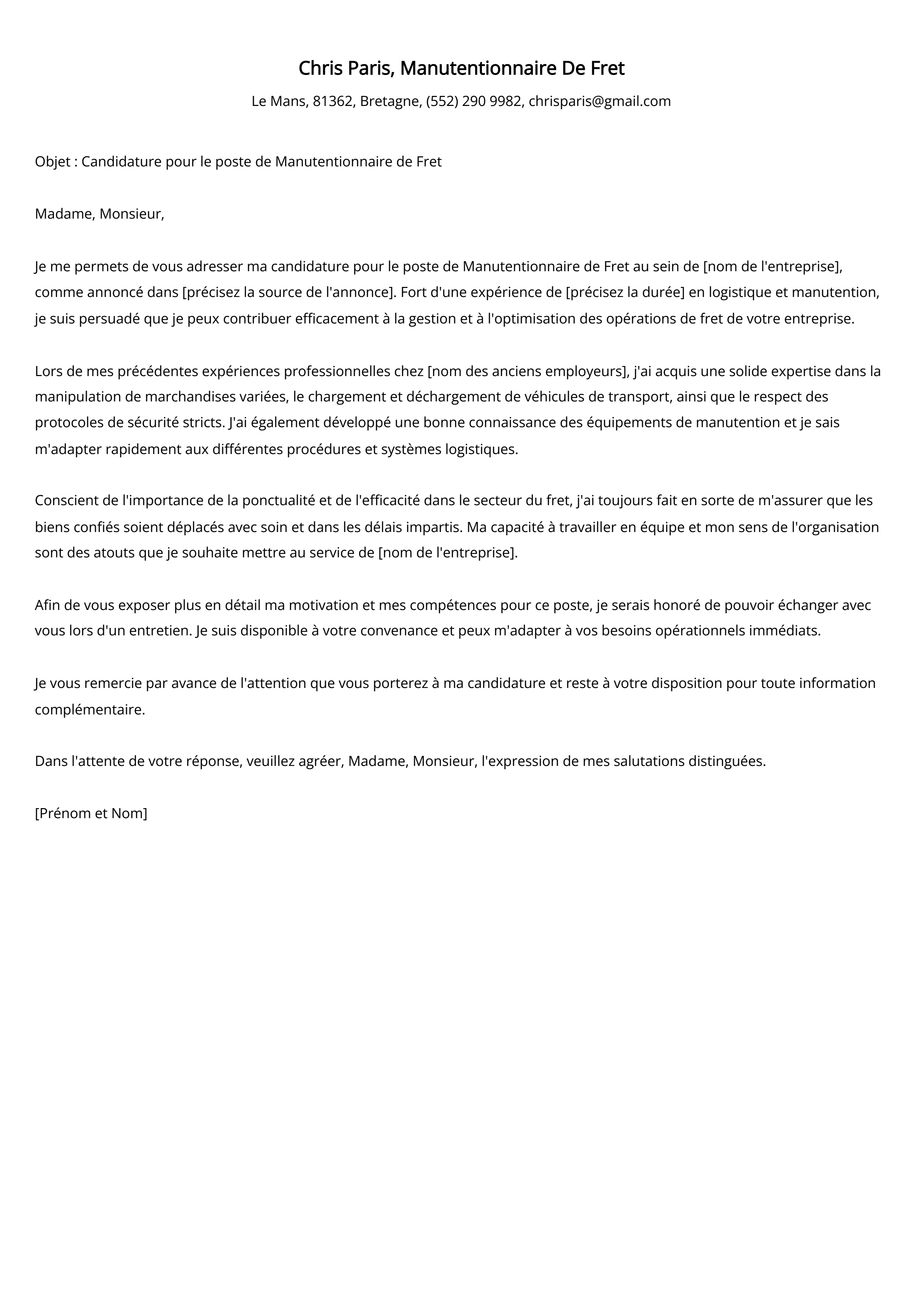 Manutentionnaire De Fret Cover Letter Example