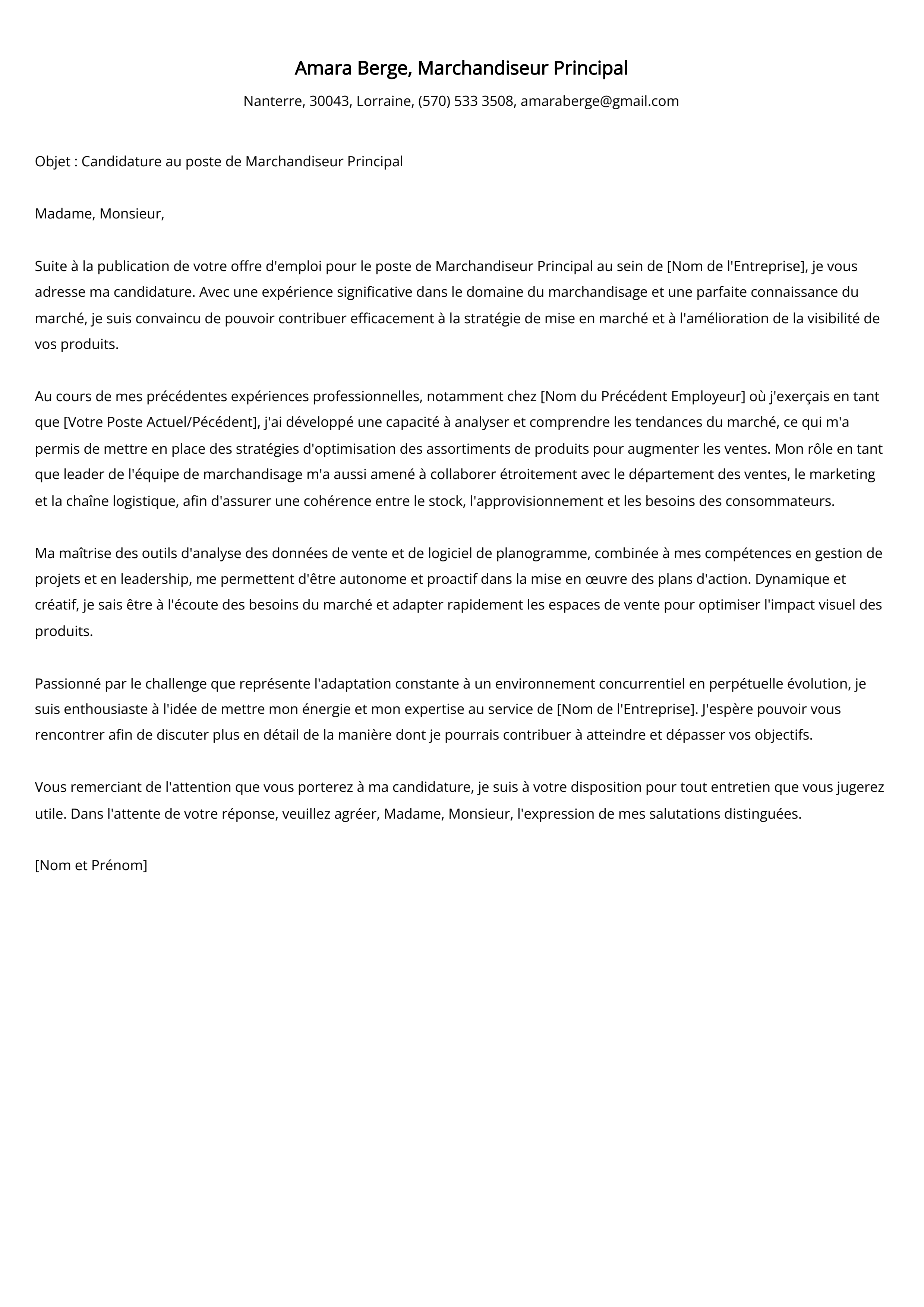 Marchandiseur Principal Cover Letter Example