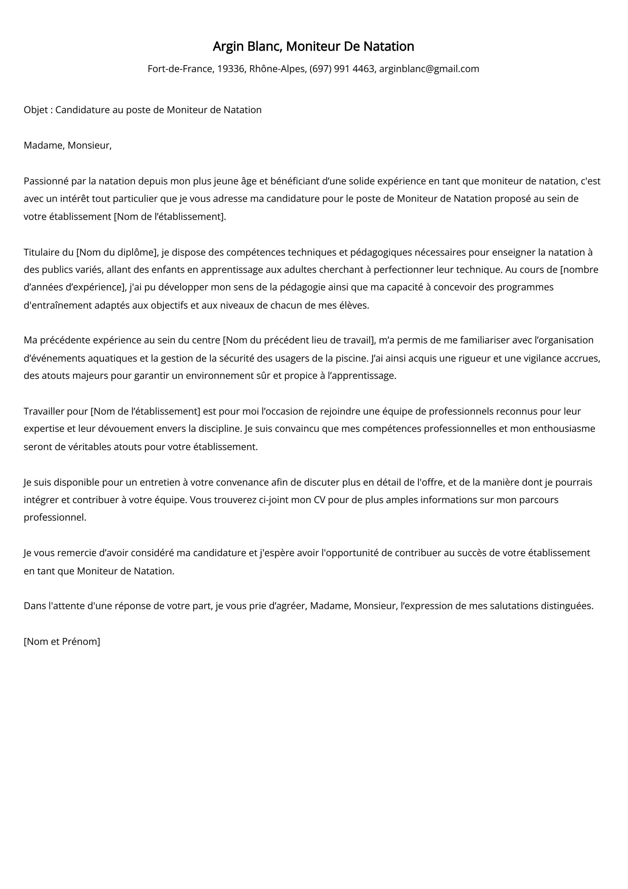 Moniteur De Natation Cover Letter Example