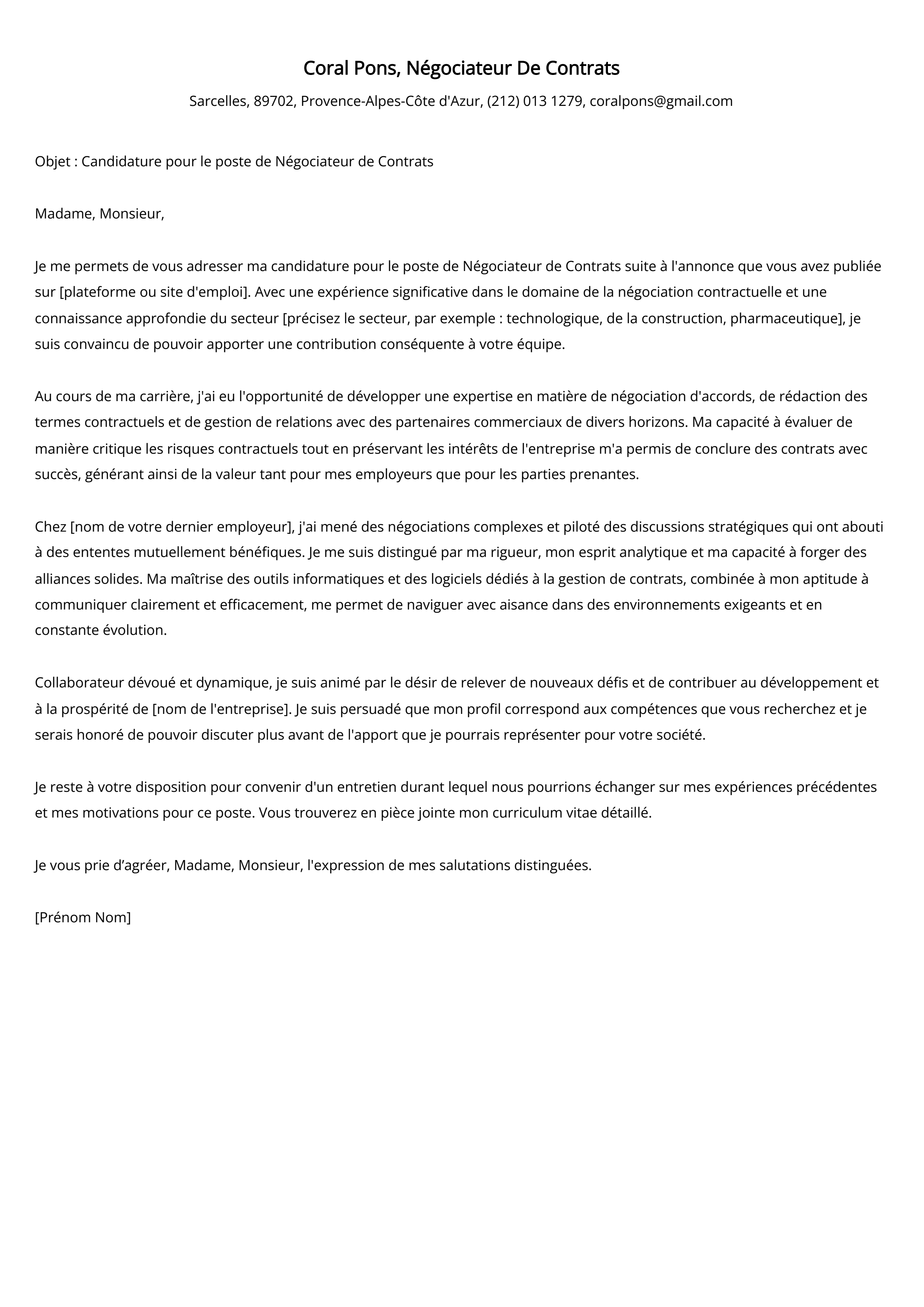 Négociateur De Contrats Cover Letter Example