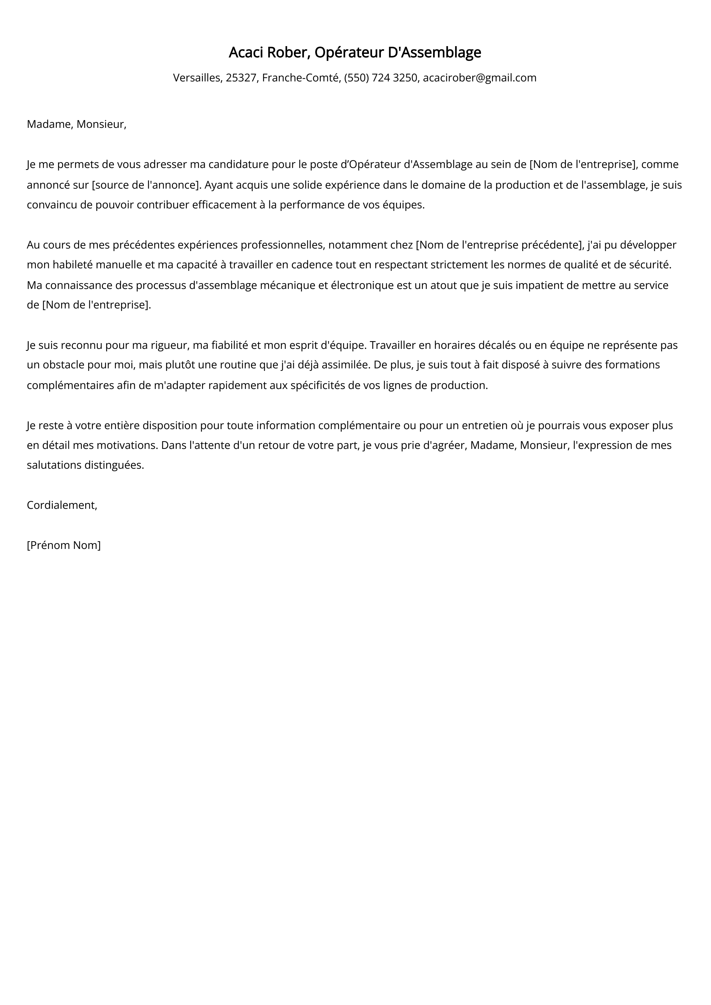 Lettre de motivation de l'Opérateur D'Assemblage Exemple de lettre de motivation